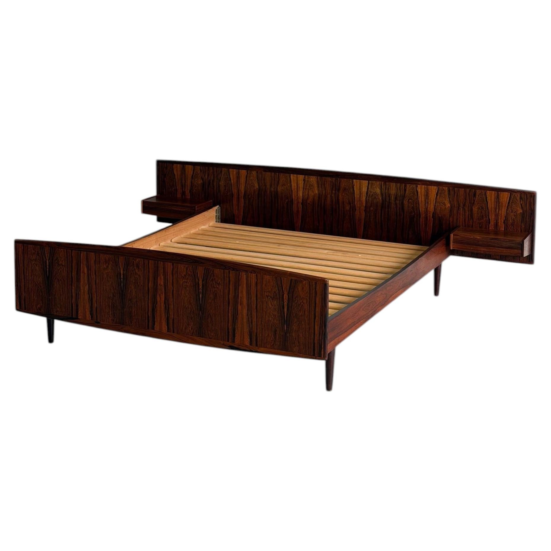 Vintage Danish Rosewood Bed Frame with Floating Nightstands MCM 1960s
