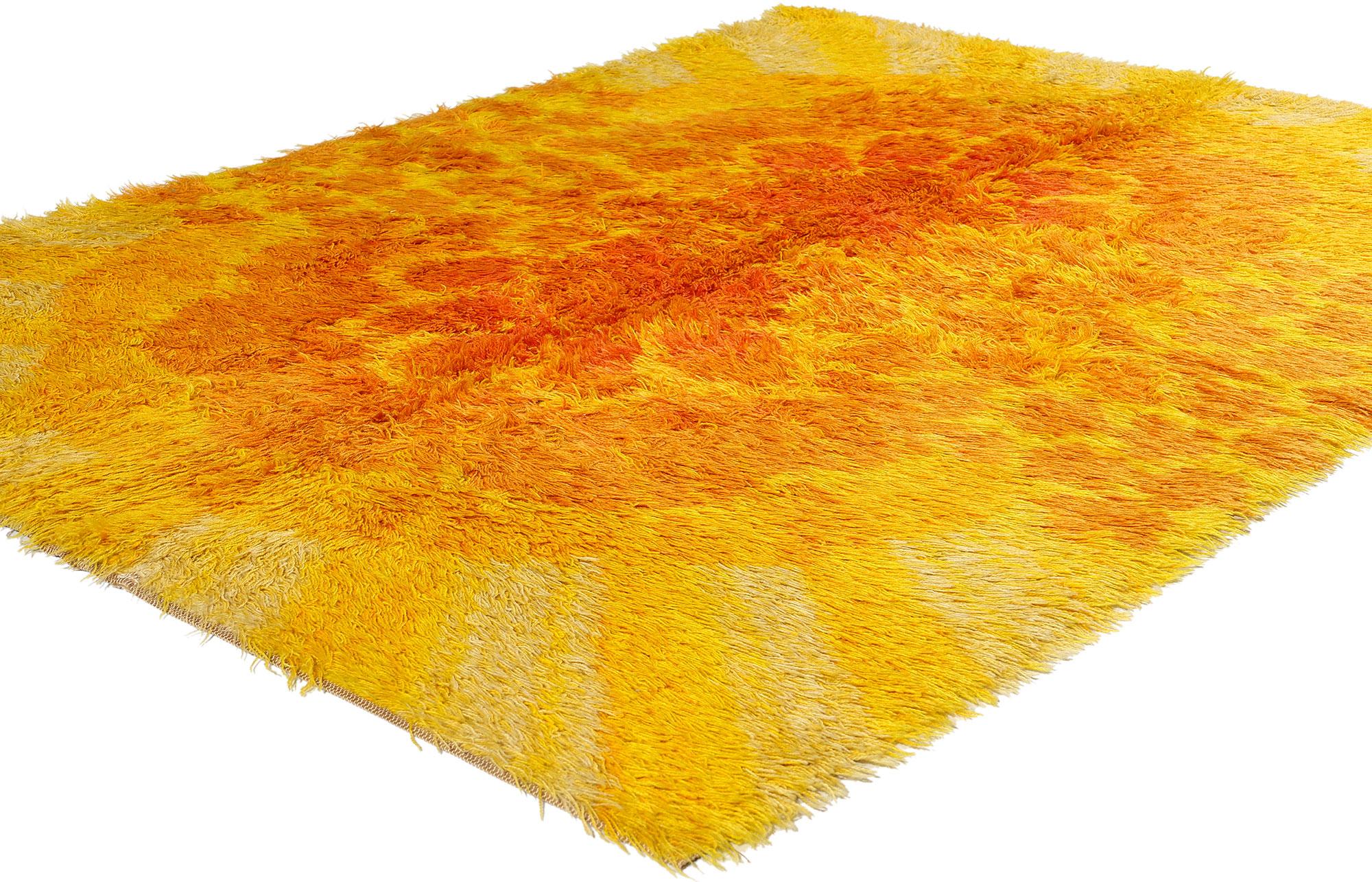 78271 Vintage Ege Taepper Danish Rya Rug, 04'06 x 06'04. Ege Taepper, a renowned Danish company, is celebrated for its high-quality carpets and distinctive rya rugs featuring bold sunburst designs. These designs, characterized by vibrant yellows and