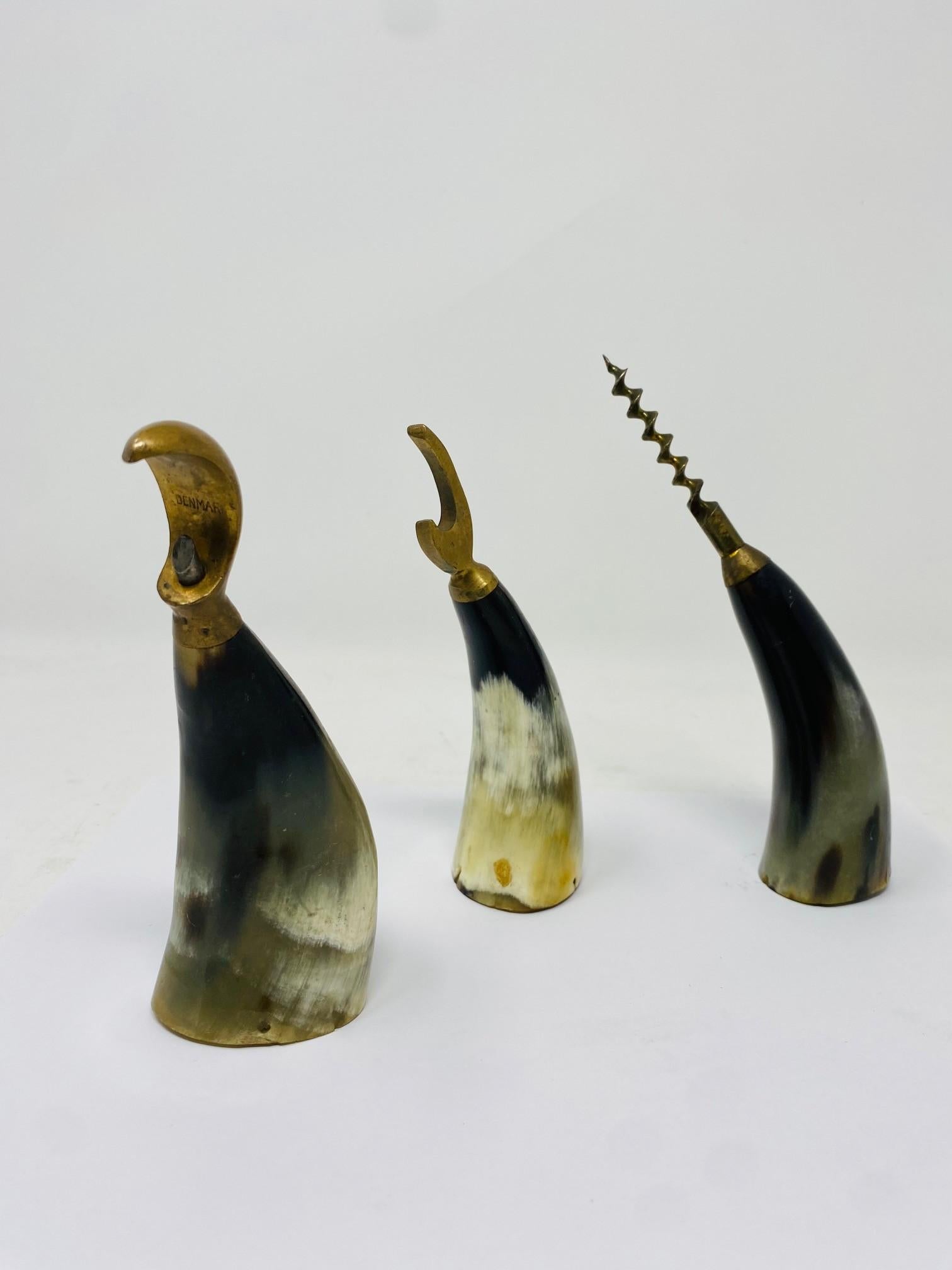 Vintage Danish Sculptural Horn and Brass Bottle Opener Set of 3 For Sale 4