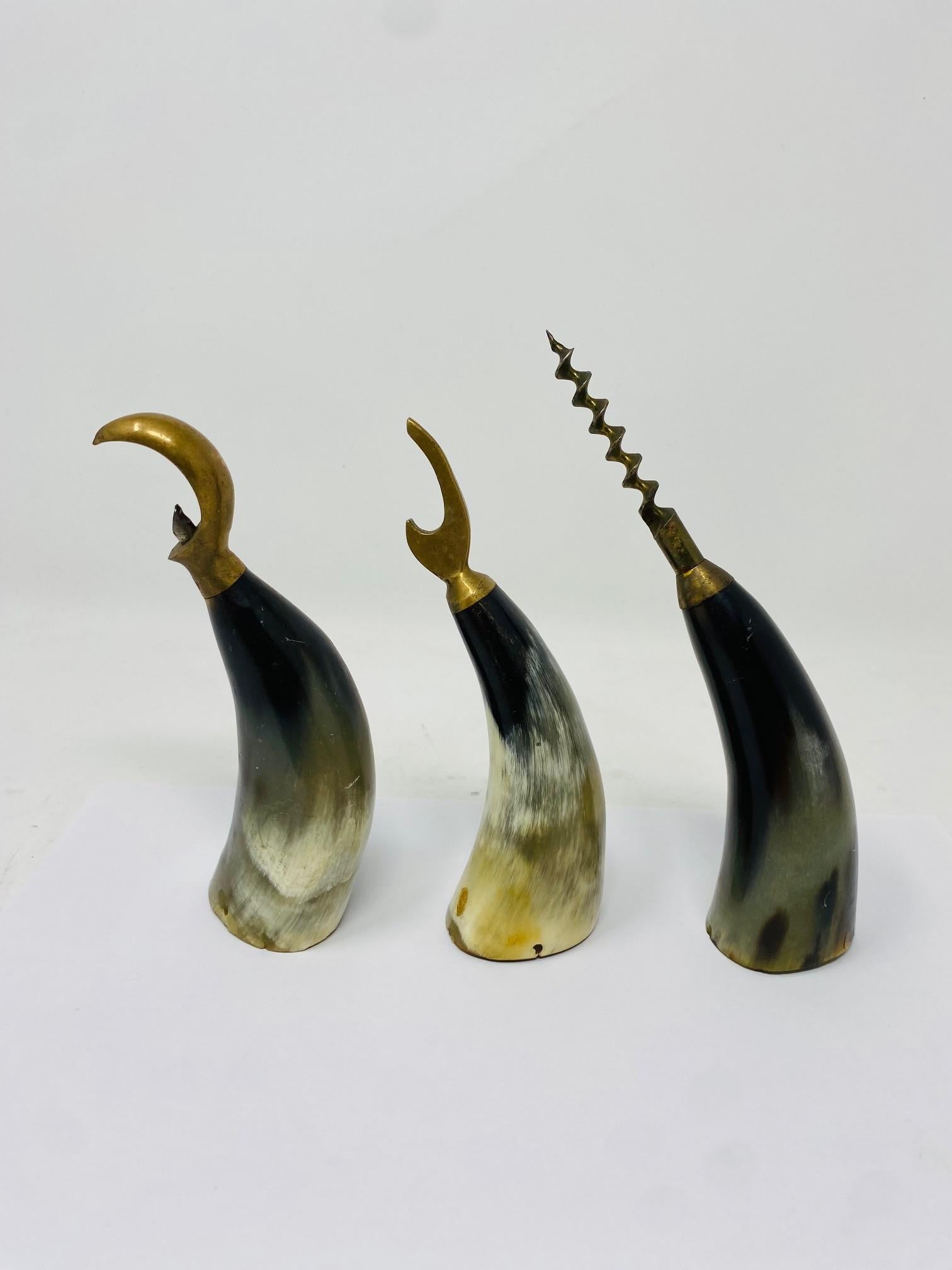 Vintage Danish Sculptural Horn and Brass Bottle Opener Set of 3 For Sale 5
