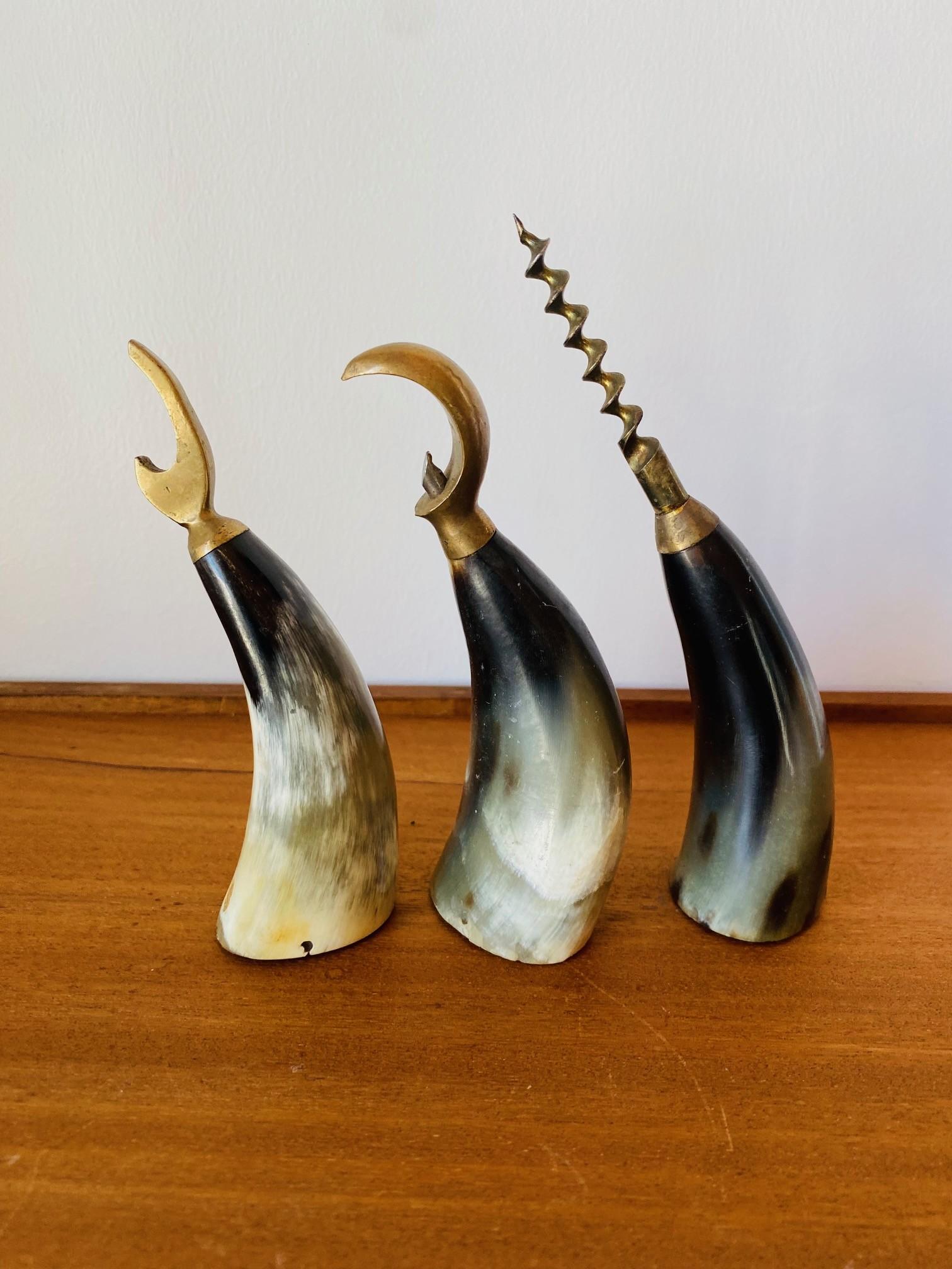 Primitive Vintage Danish Sculptural Horn and Brass Bottle Opener Set of 3 For Sale