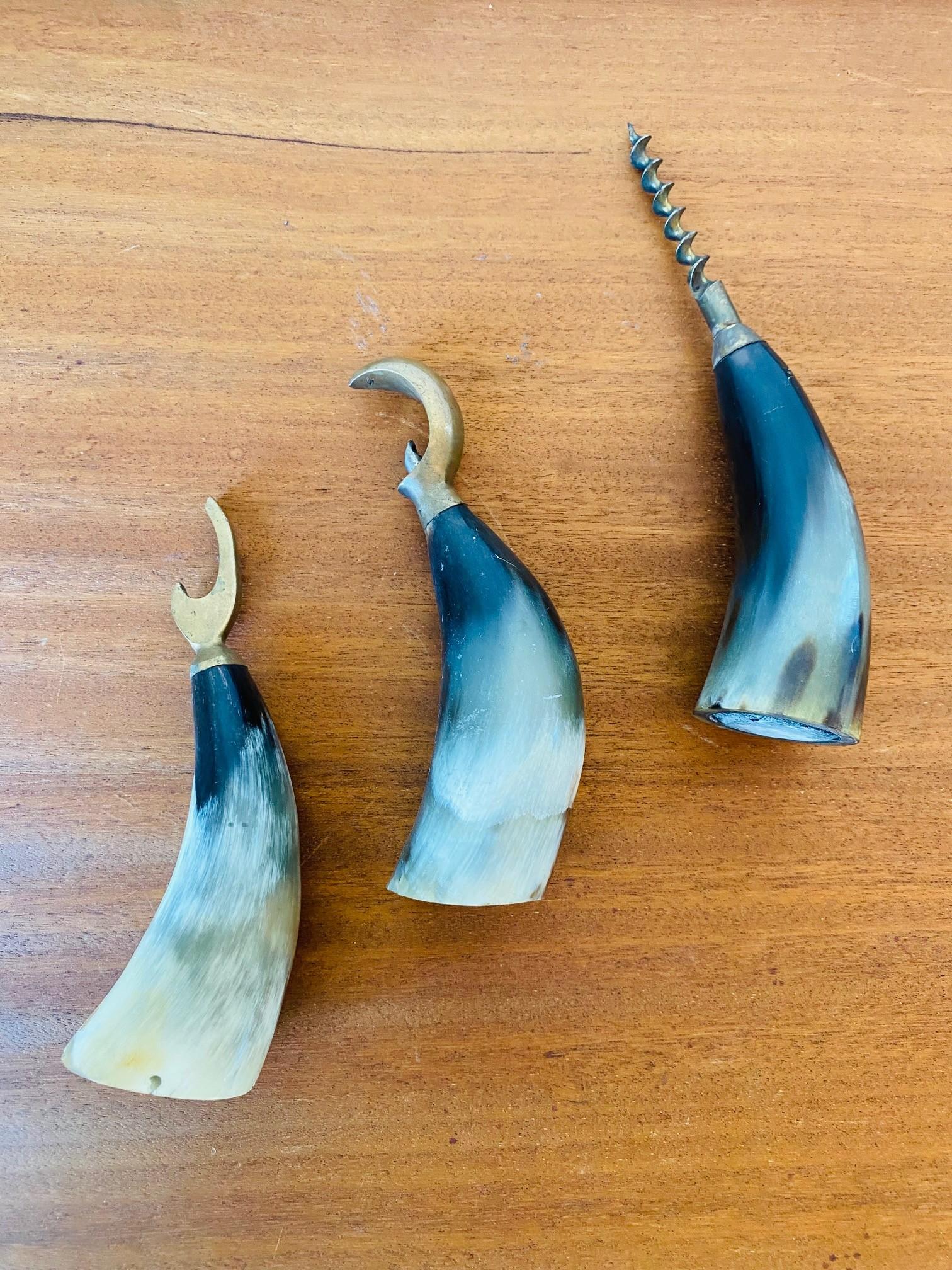 Hand-Crafted Vintage Danish Sculptural Horn and Brass Bottle Opener Set of 3 For Sale