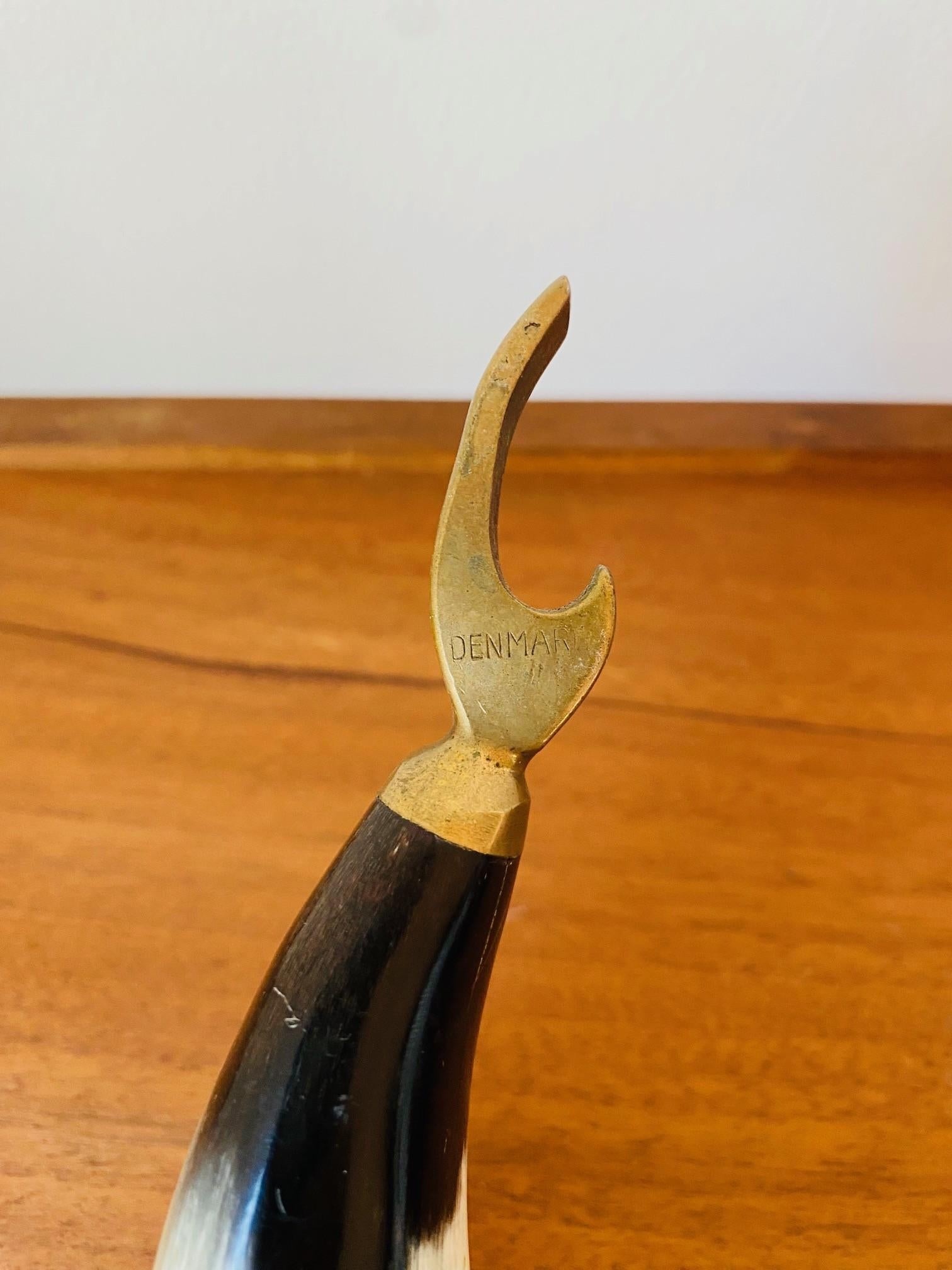 Mid-20th Century Vintage Danish Sculptural Horn and Brass Bottle Opener Set of 3 For Sale