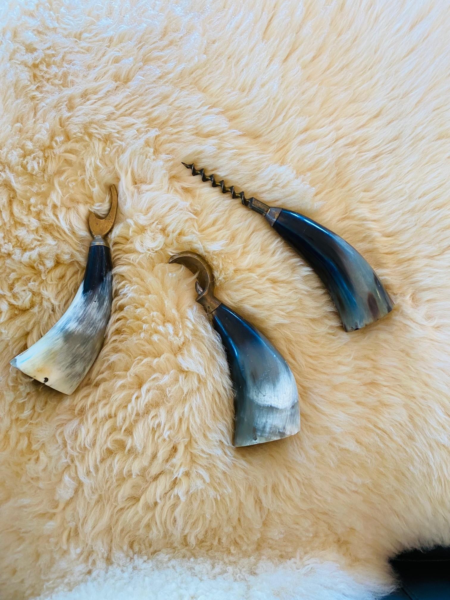 Vintage Danish Sculptural Horn and Brass Bottle Opener Set of 3 For Sale 3