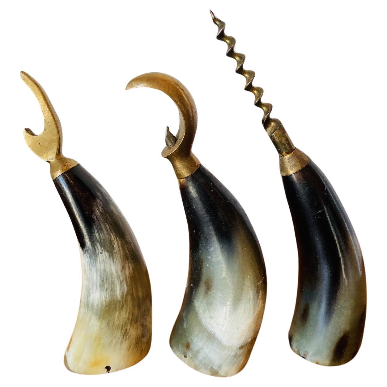 Vintage Danish Sculptural Horn and Brass Bottle Opener Set of 3