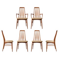 Vintage Danish Set of Six Teak Eva Dining Chairs by Niels Koefoed 2 Arms 4 Sides