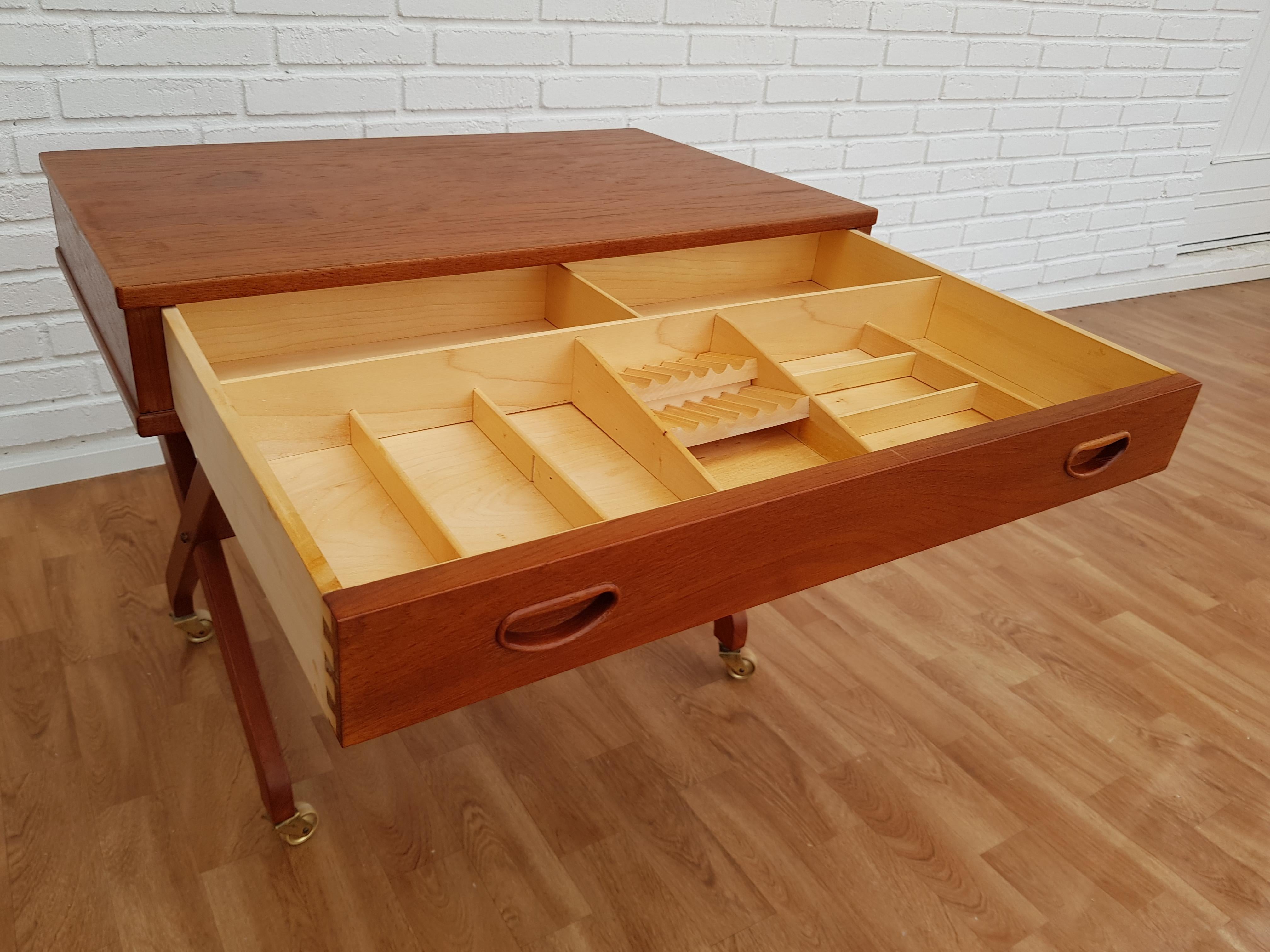 Scandinavian Modern Vintage Danish Sewing Table, 1960s, Teak Wood, Rattan For Sale