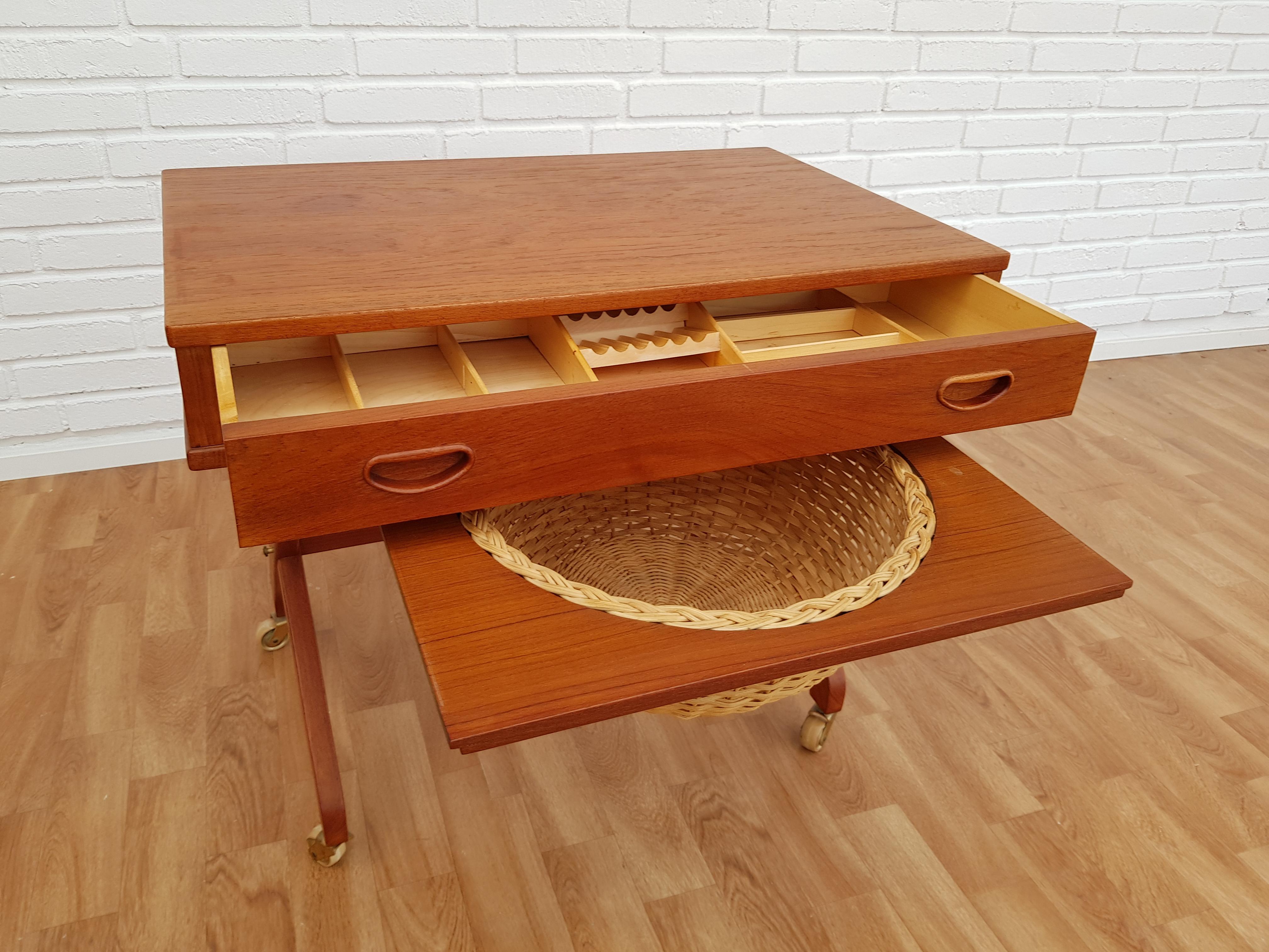 Brass Vintage Danish Sewing Table, 1960s, Teak Wood, Rattan For Sale