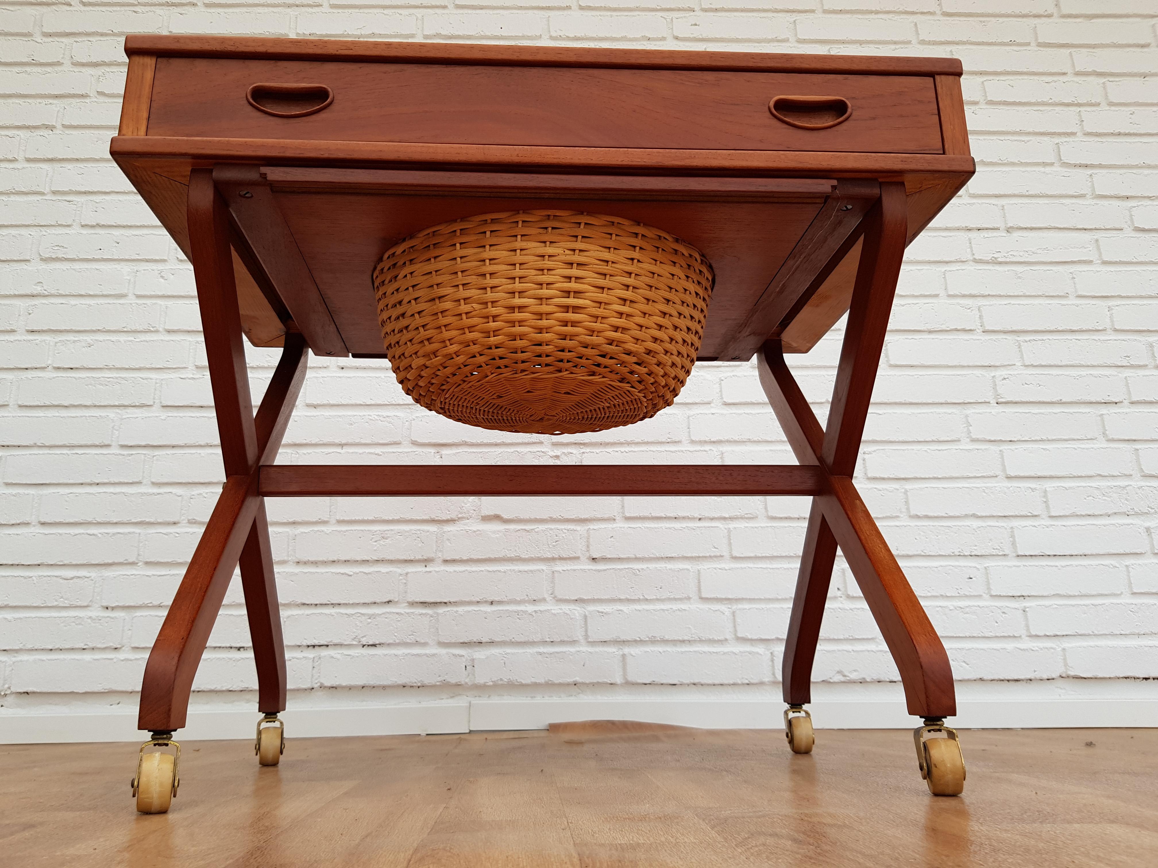 Vintage Danish Sewing Table, 1960s, Teak Wood, Rattan For Sale 1