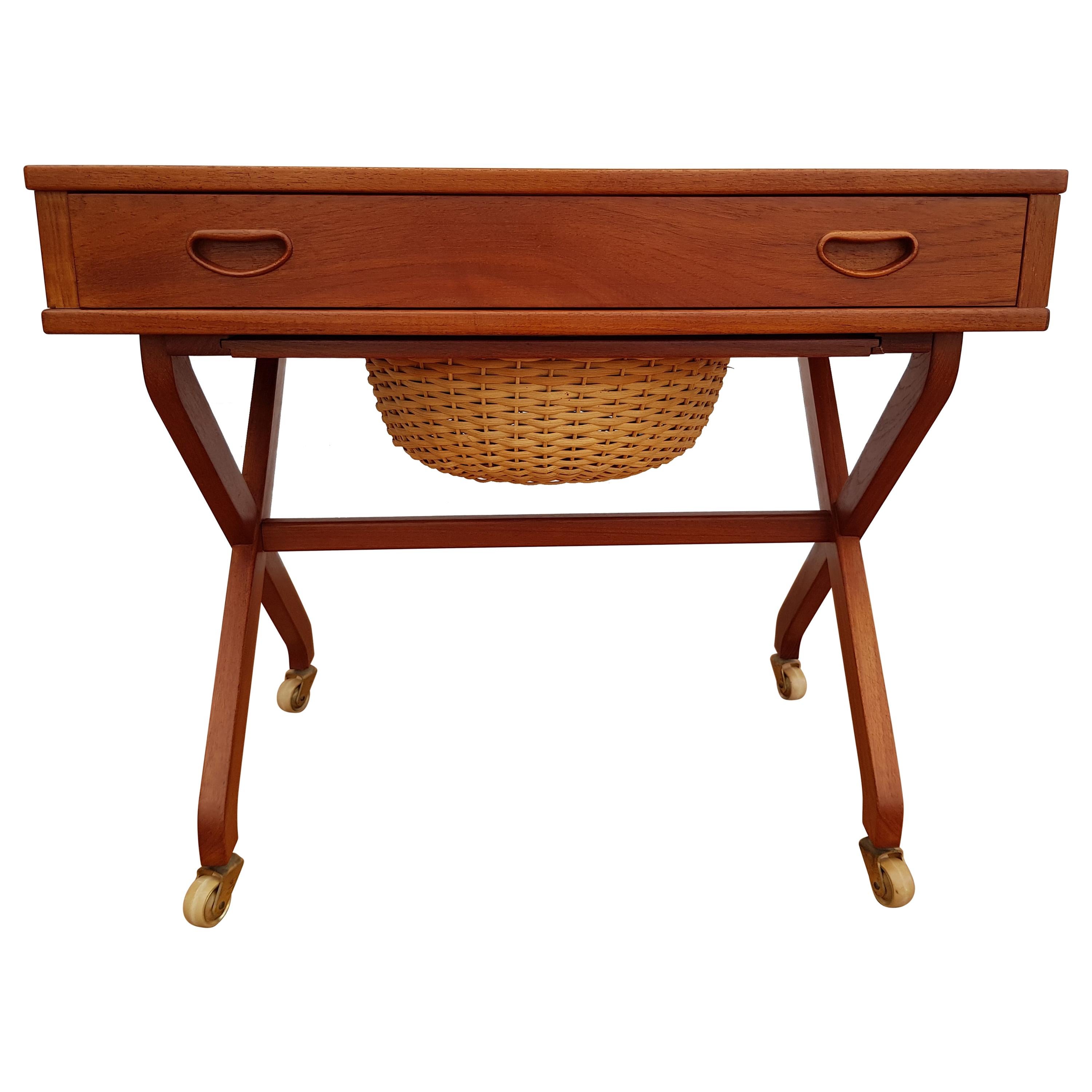 Vintage Danish Sewing Table, 1960s, Teak Wood, Rattan For Sale