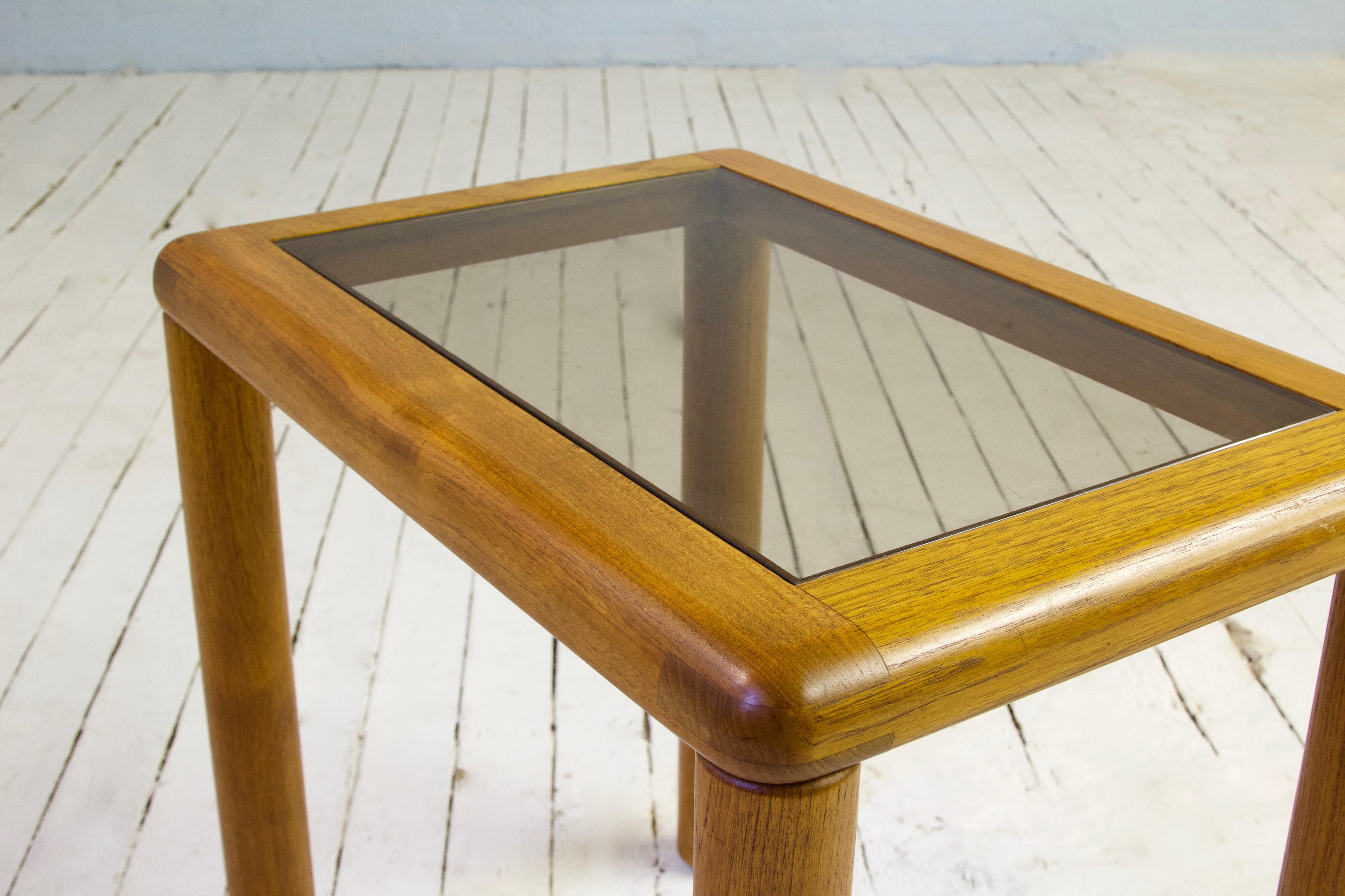 Smoked Glass Vintage Danish Side Table in Teak with Turned Legs, 1960s For Sale