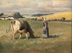 Pintura al óleo danesa vintage firmada de paisaje con vaca y mujer con cubo de leche