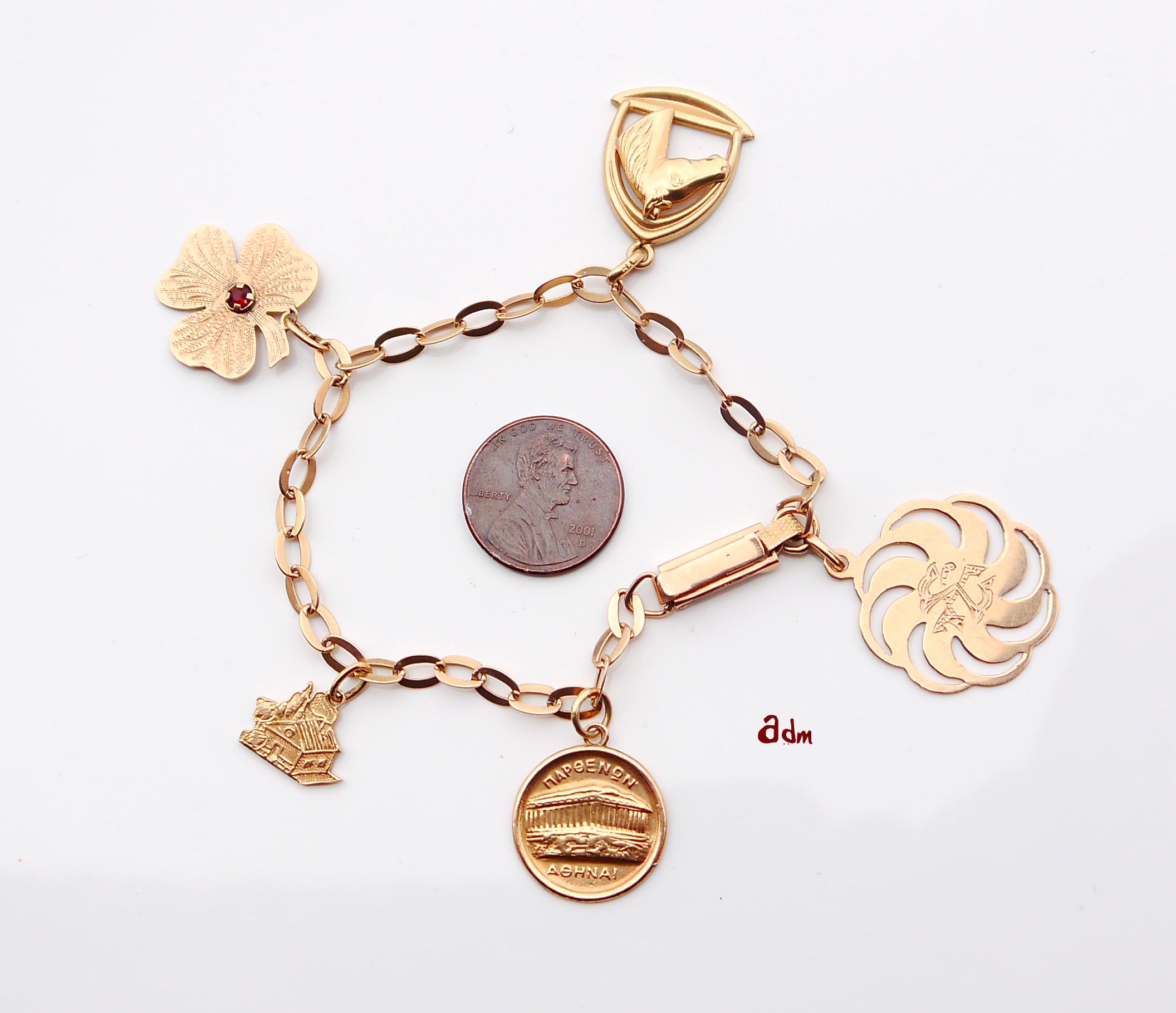 Vintage Danish solid 14/18k Gold 5 Charms Mix Bracelet / 18cm / 11.4 grams For Sale 6