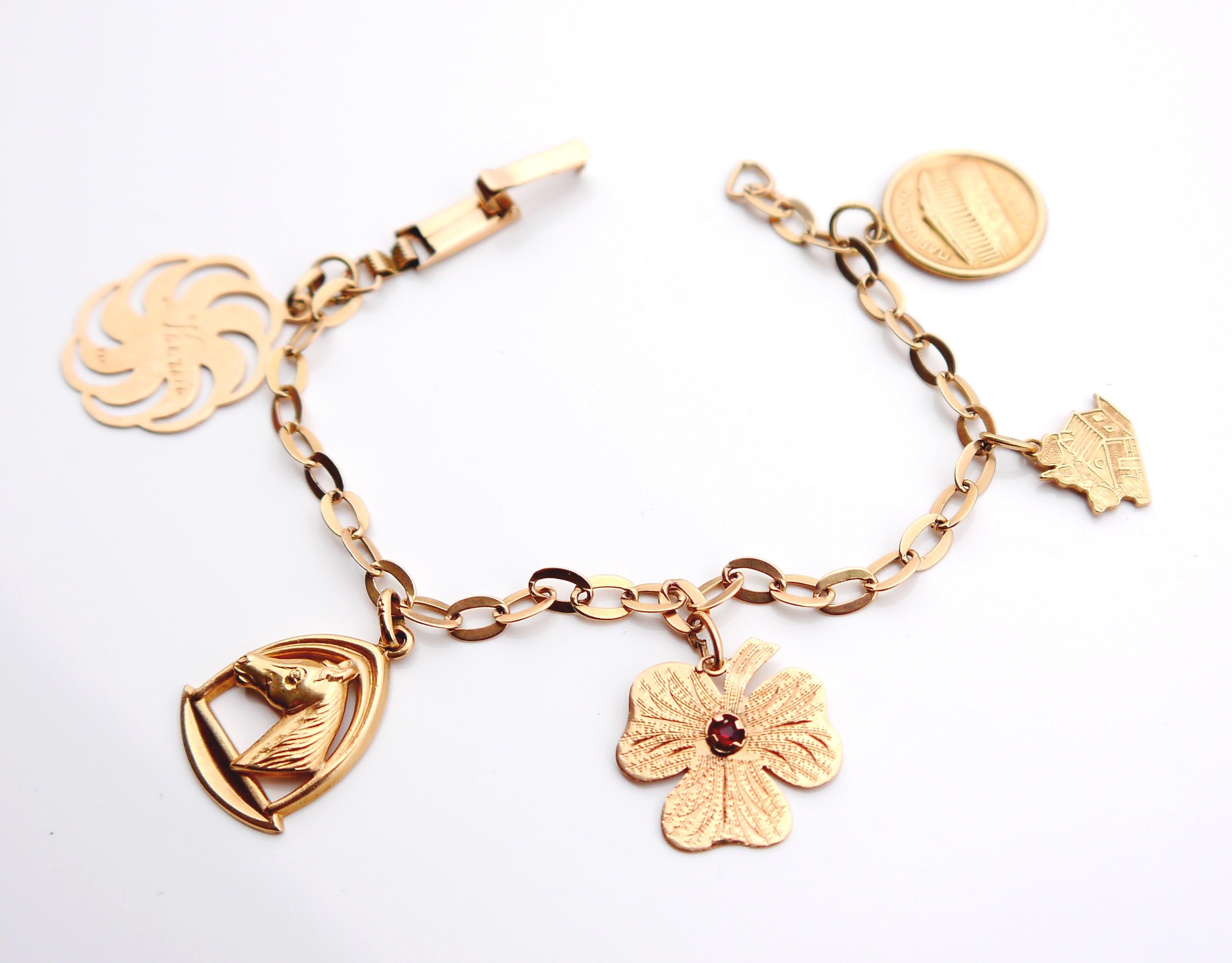 Rose Cut Vintage Danish solid 14/18k Gold 5 Charms Mix Bracelet / 18cm / 11.4 grams For Sale