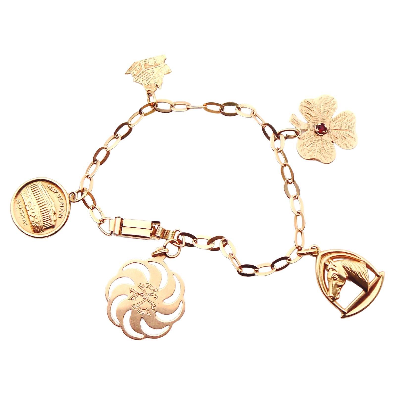 Vintage Danish solid 14/18k Gold 5 Charms Mix Bracelet / 18cm / 11.4 grams For Sale