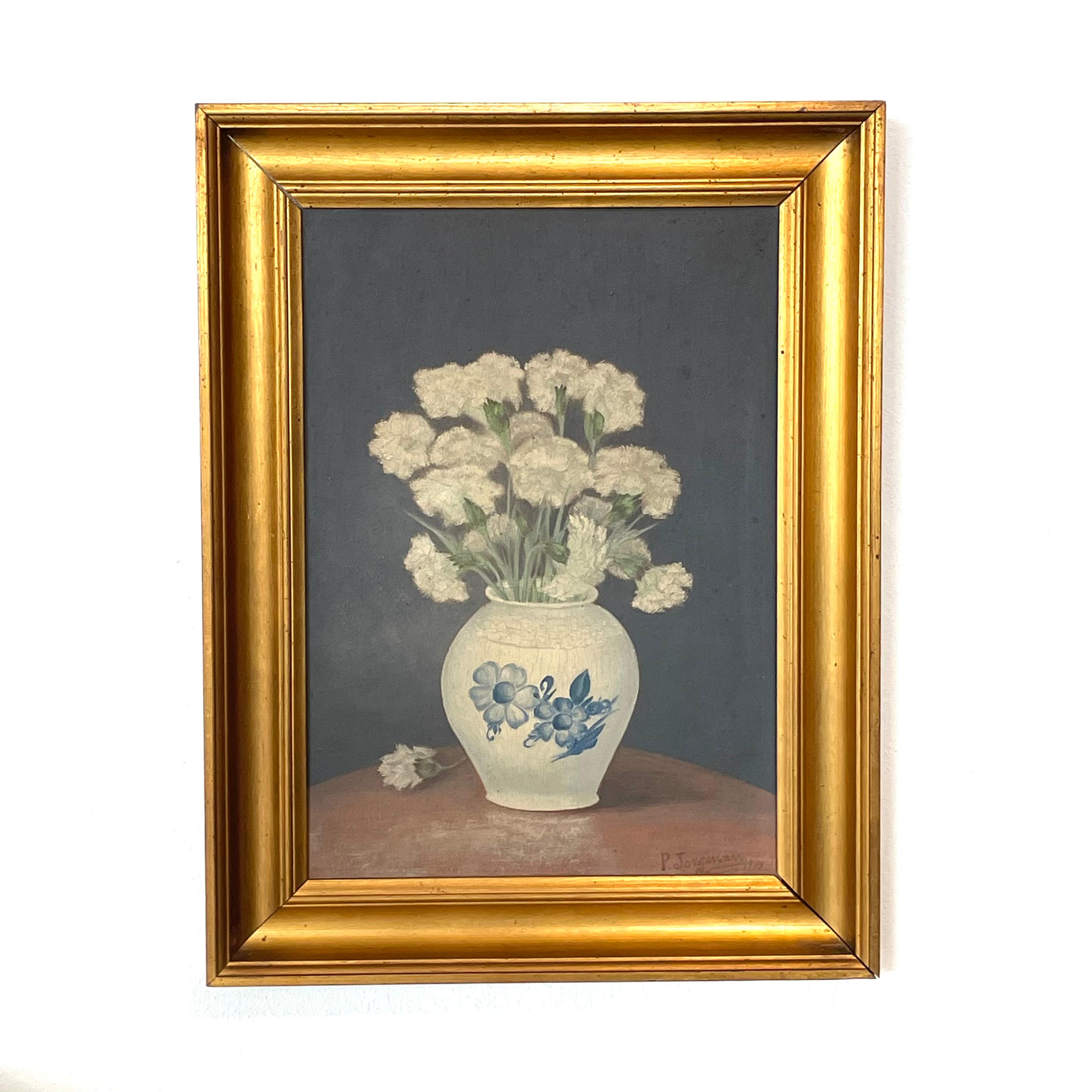 Si tratta di un dipinto originale danese a olio su tavola di una natura morta floreale del 1937 di P. Jørgensen.

È firmato e datato dall'artista nell'angolo in basso a destra ed è incorniciato in una splendida cornice di legno dipinta in oro.

Il