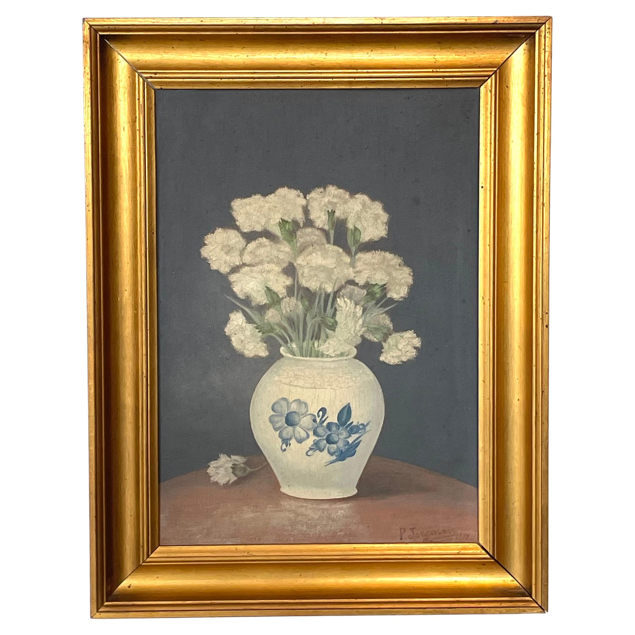 Nature morte danoise vintage, peinture florale des années 1930 par l'artiste P. Jørgensen