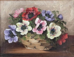 Vintage Danish still life oil painting of vibrant flowers in a weave basket