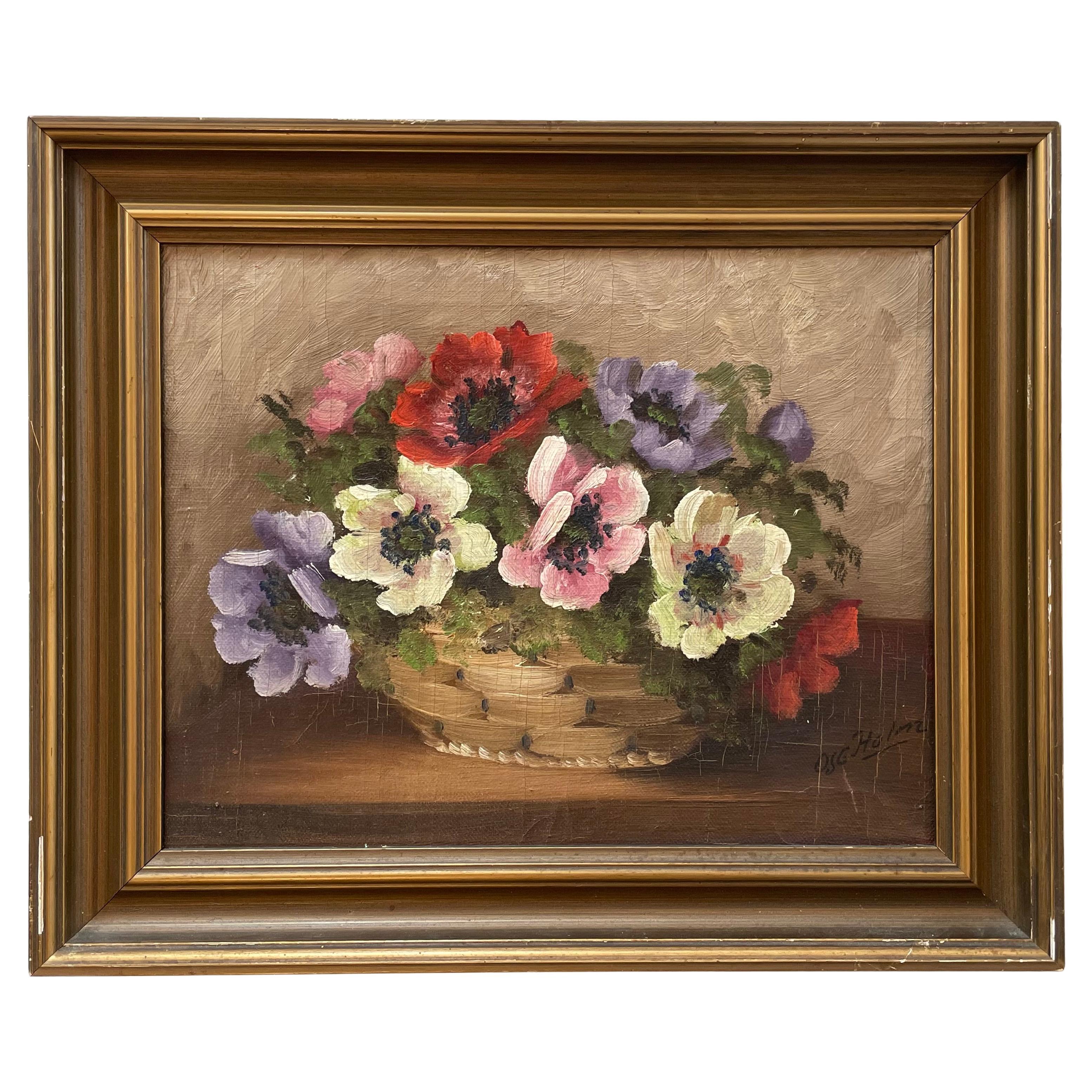 Vintage dänischen Stillleben Ölgemälde von lebendigen Blumen in einem Flechtkorb