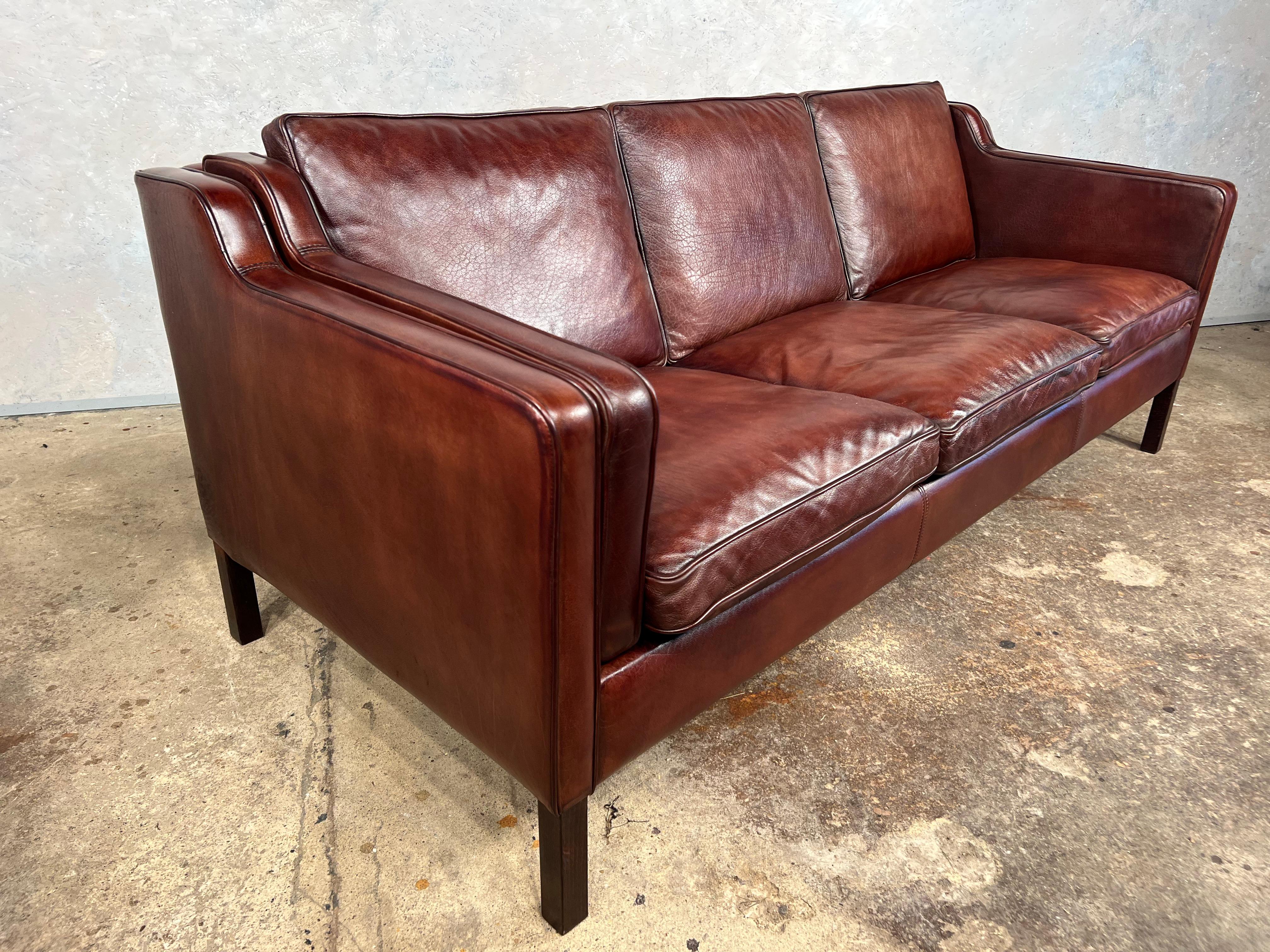 Vintage Danish Stouby 70s Mid-Century Chestnut Three Seater Leather Sofa #563 6
