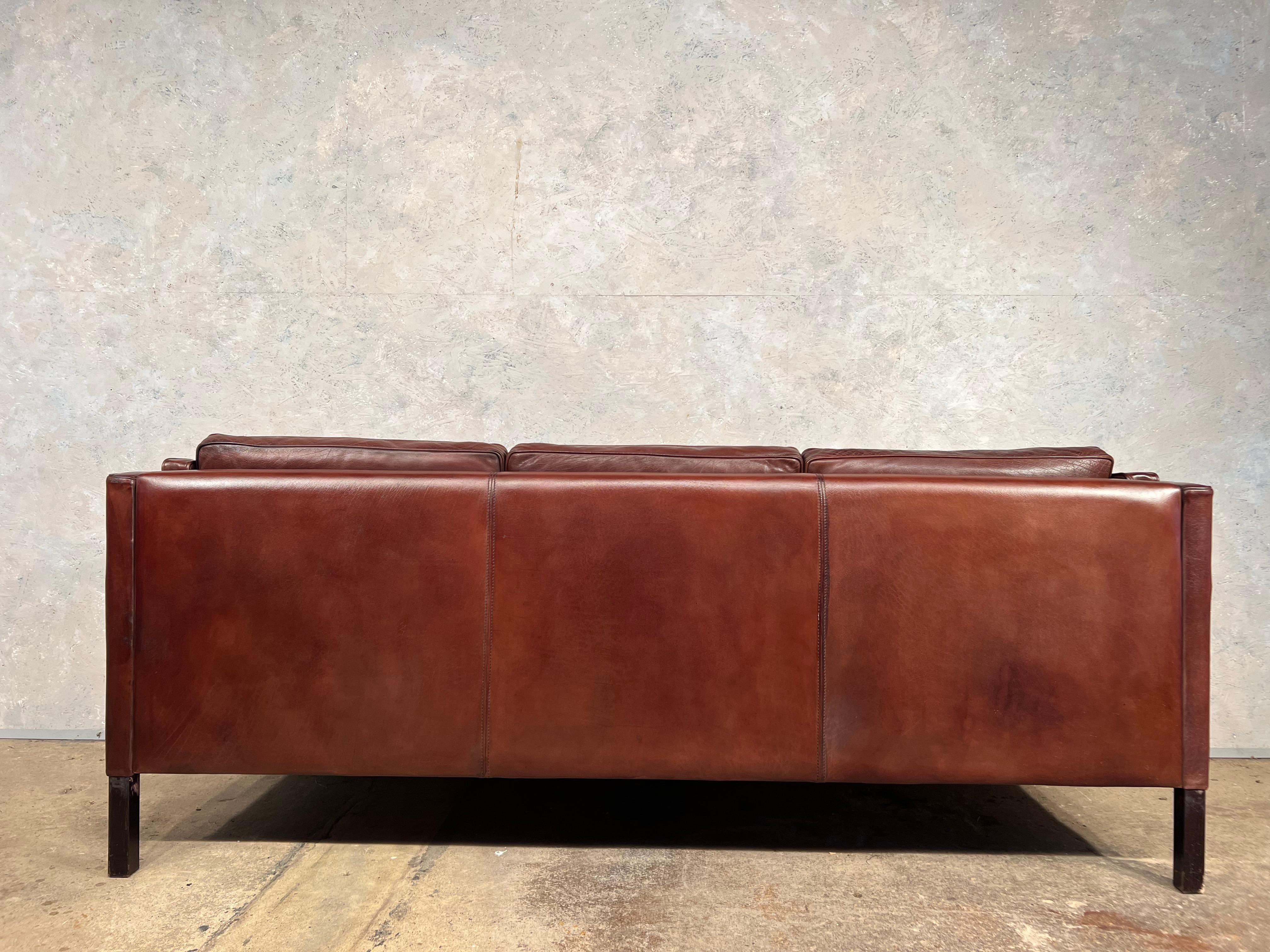 Vintage Danish Stouby 70s Mid-Century Chestnut Three Seater Leather Sofa #563 8