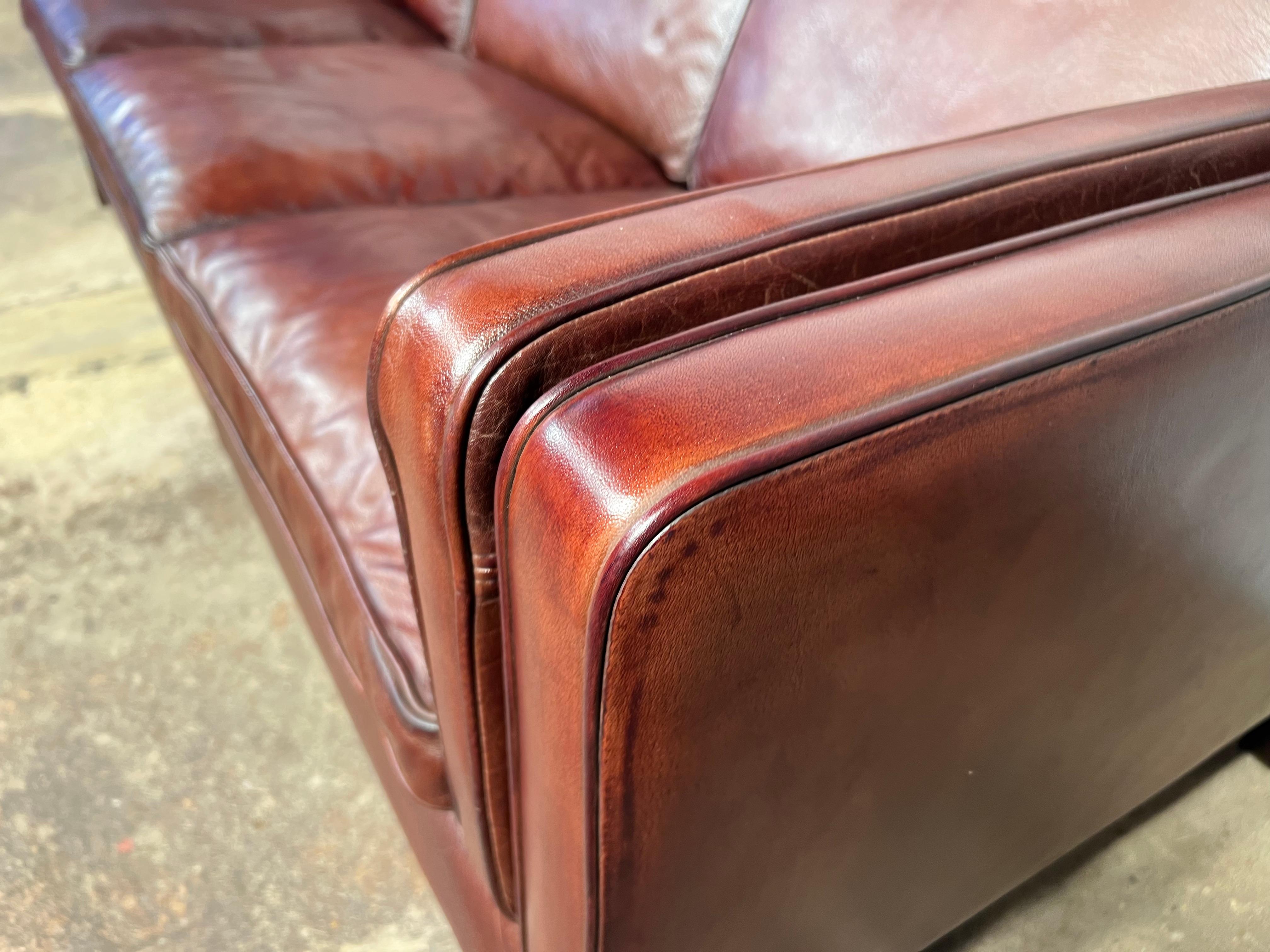 Vintage Danish Stouby 70s Mid-Century Chestnut Three Seater Leather Sofa #563 1