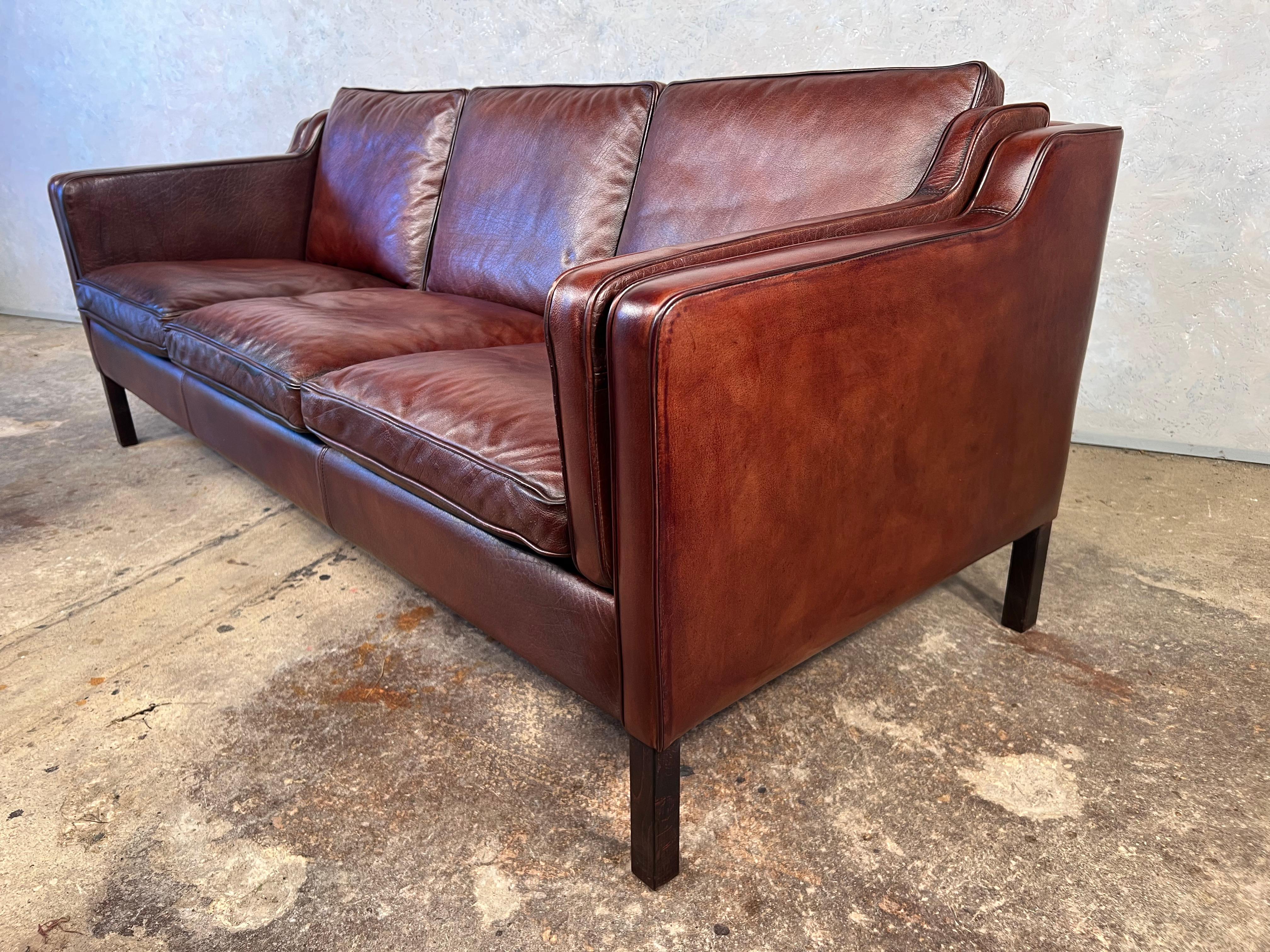 Vintage Danish Stouby 70s Mid-Century Chestnut Three Seater Leather Sofa #563 3