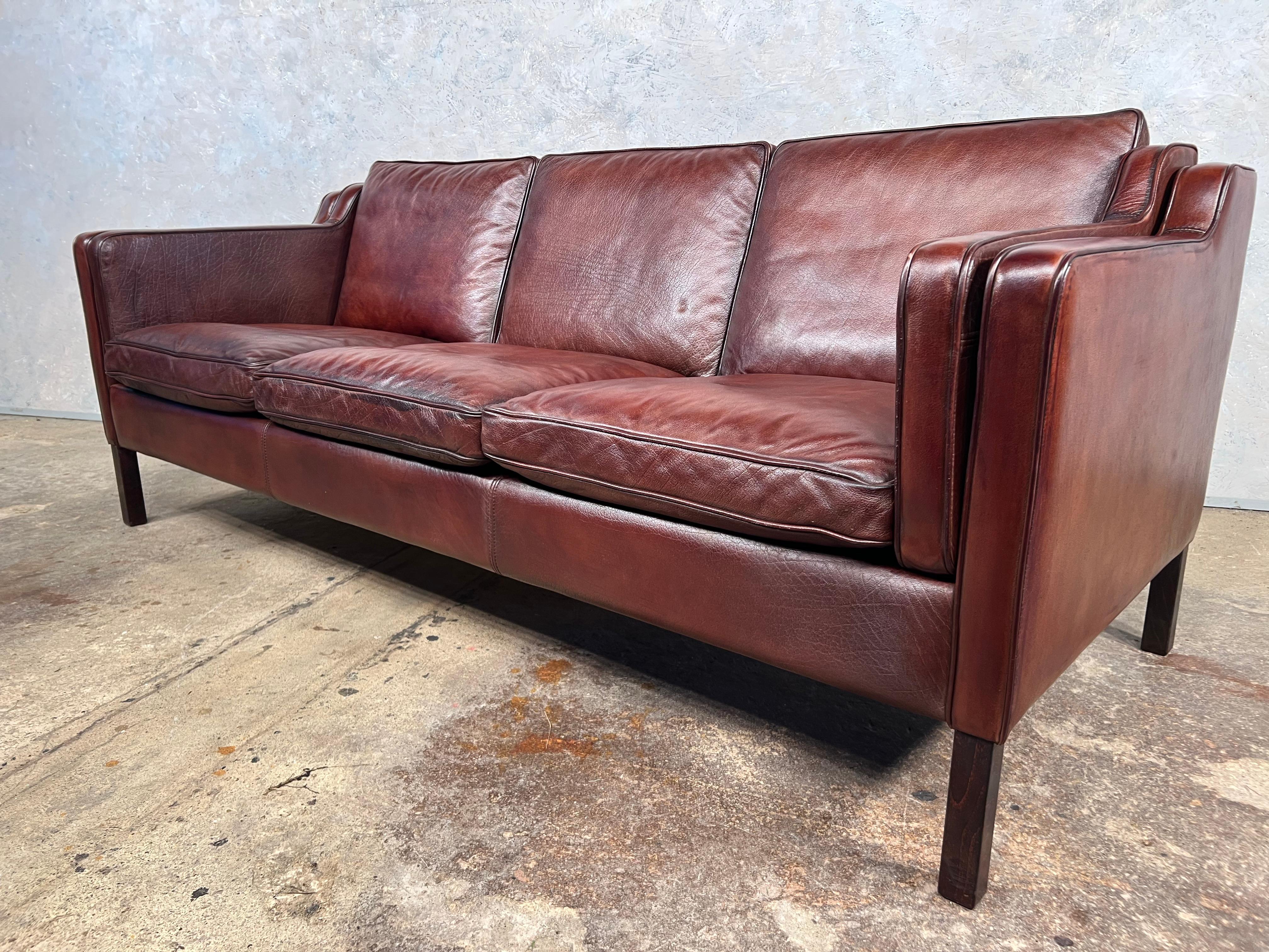 Vintage Danish Stouby 70s Mid-Century Chestnut Three Seater Leather Sofa #563 4