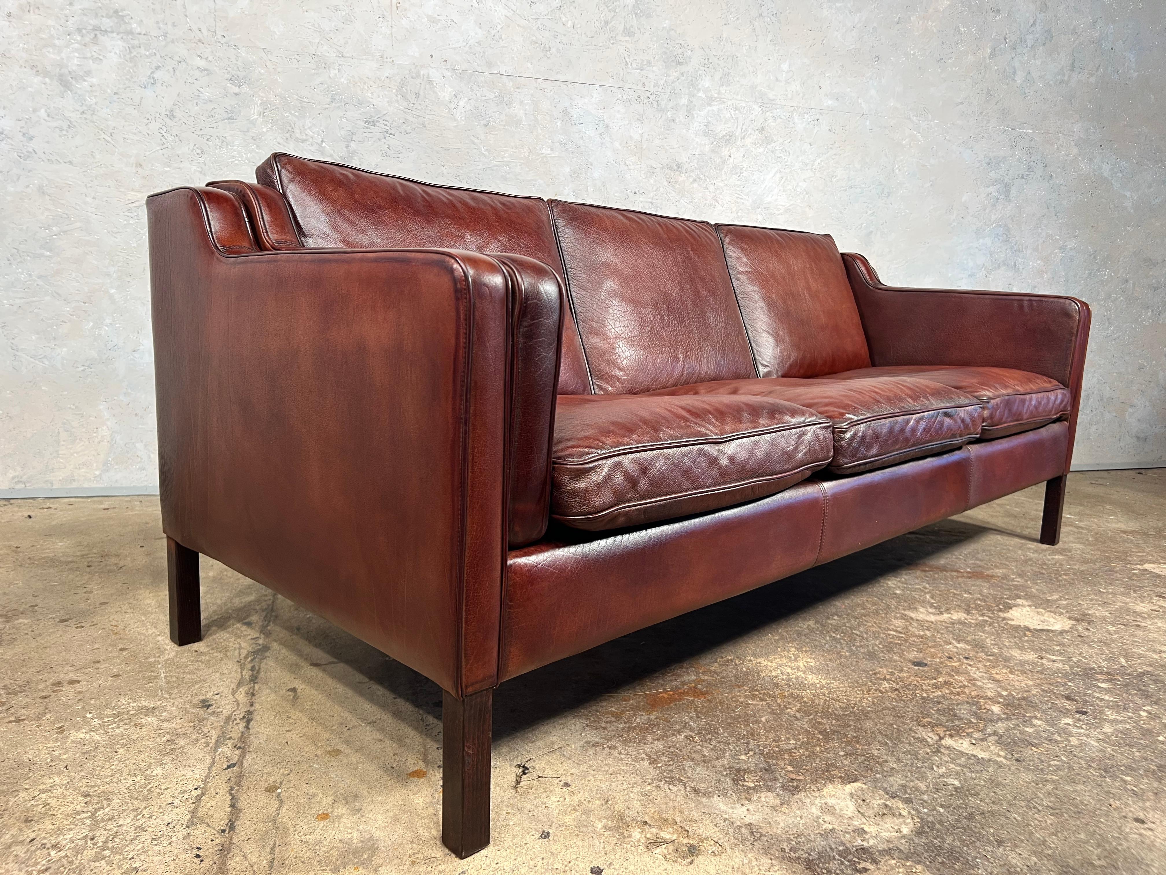 Vintage Danish Stouby 70s Mid-Century Chestnut Three Seater Leather Sofa #563 5