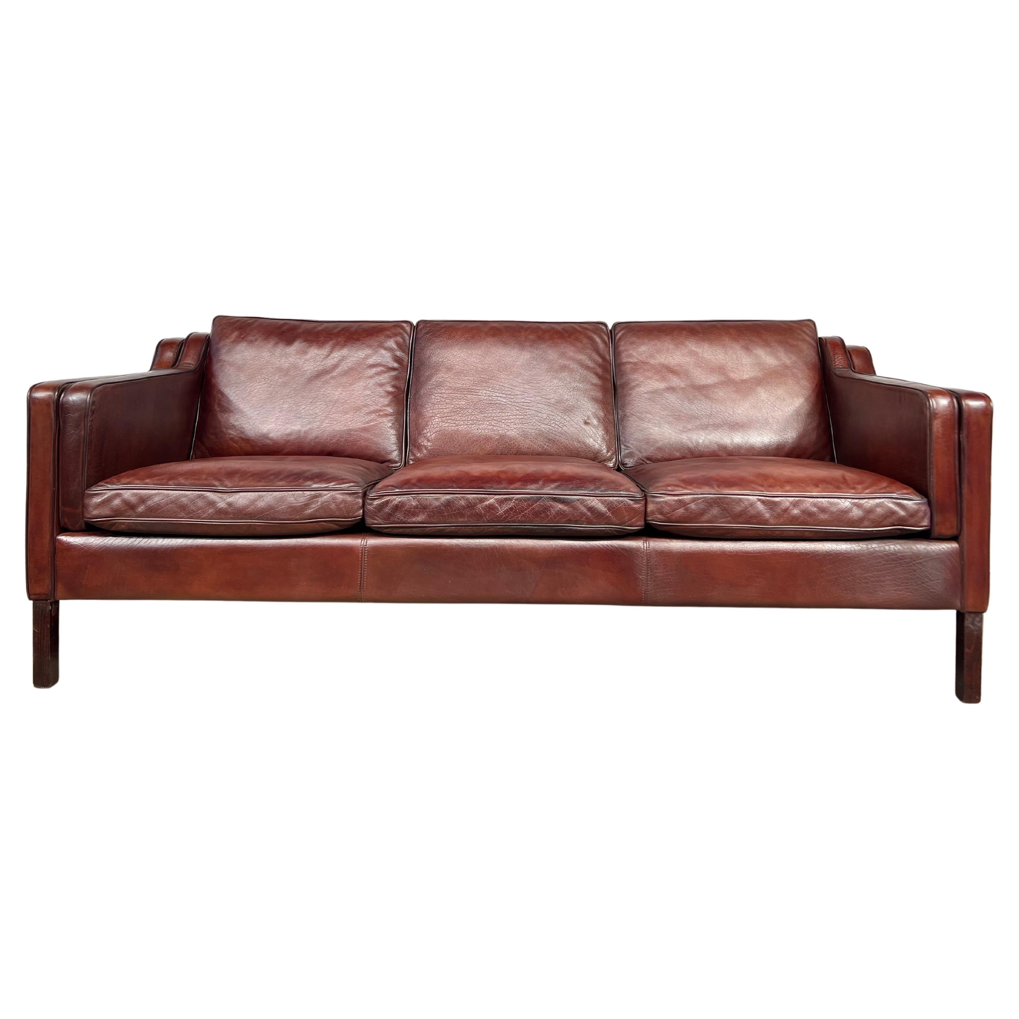 Vintage Danish Stouby 70s Mid-Century Chestnut Three Seater Leather Sofa #563