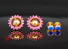 Dänische Vintage Ohrstecker mit Halo-Ohrsteckern, Rubin, Saphir, massive 18K Gold / 2,52gr