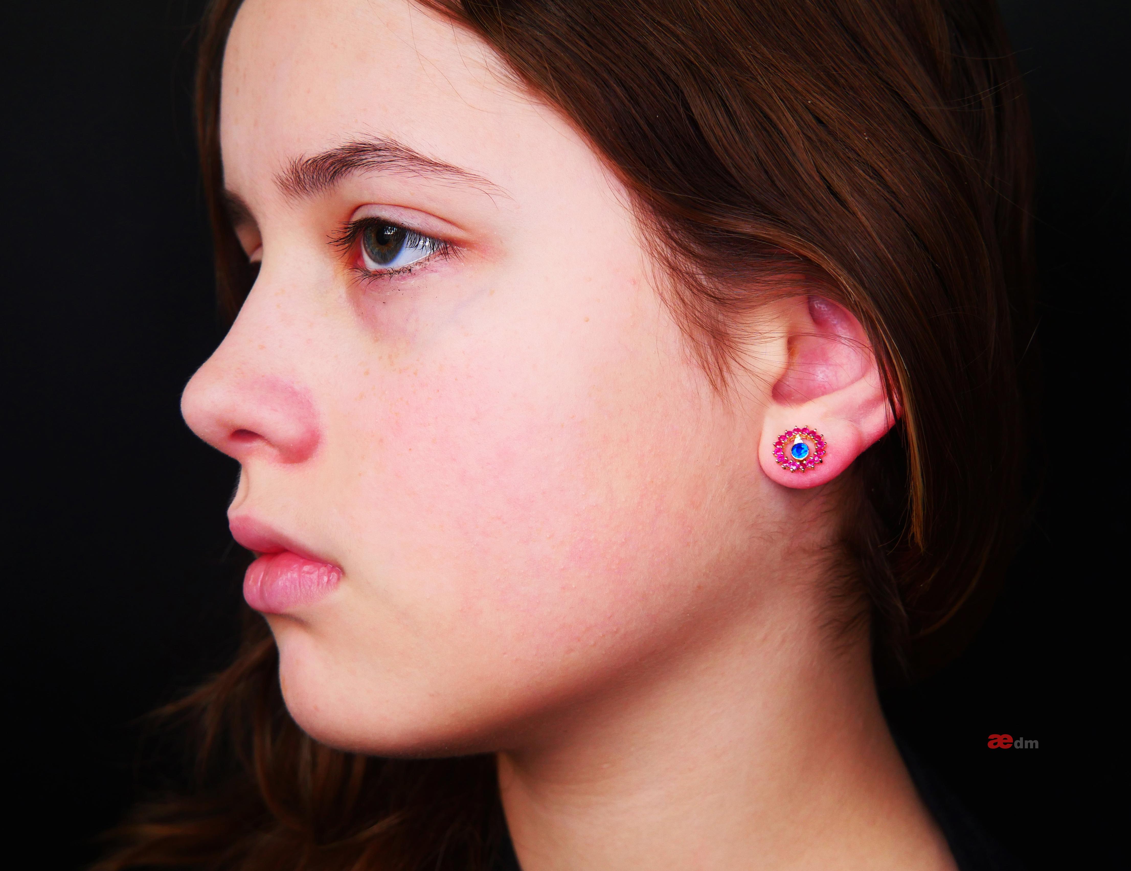 Vintage Danish stud halo Earrings Ruby Sapphire solid 18K Gold / 2.52gr 3