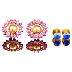 Vintage Danish stud halo Earrings Ruby Sapphire solid 18K Gold / 2.52gr