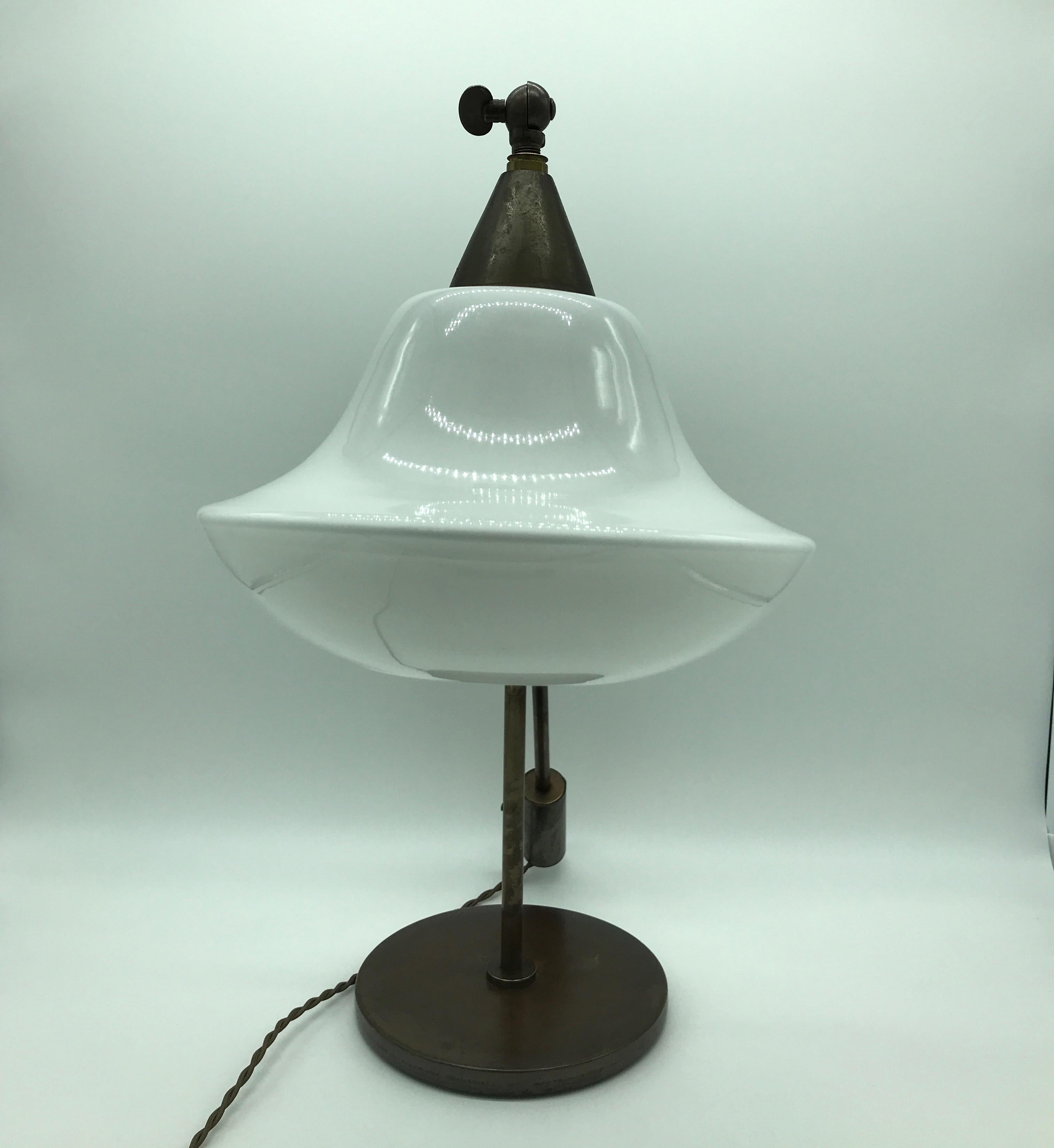 Hand-Crafted Vintage Danish Table Lamp in Copper with an Opaline Glass Shade from the 1950s