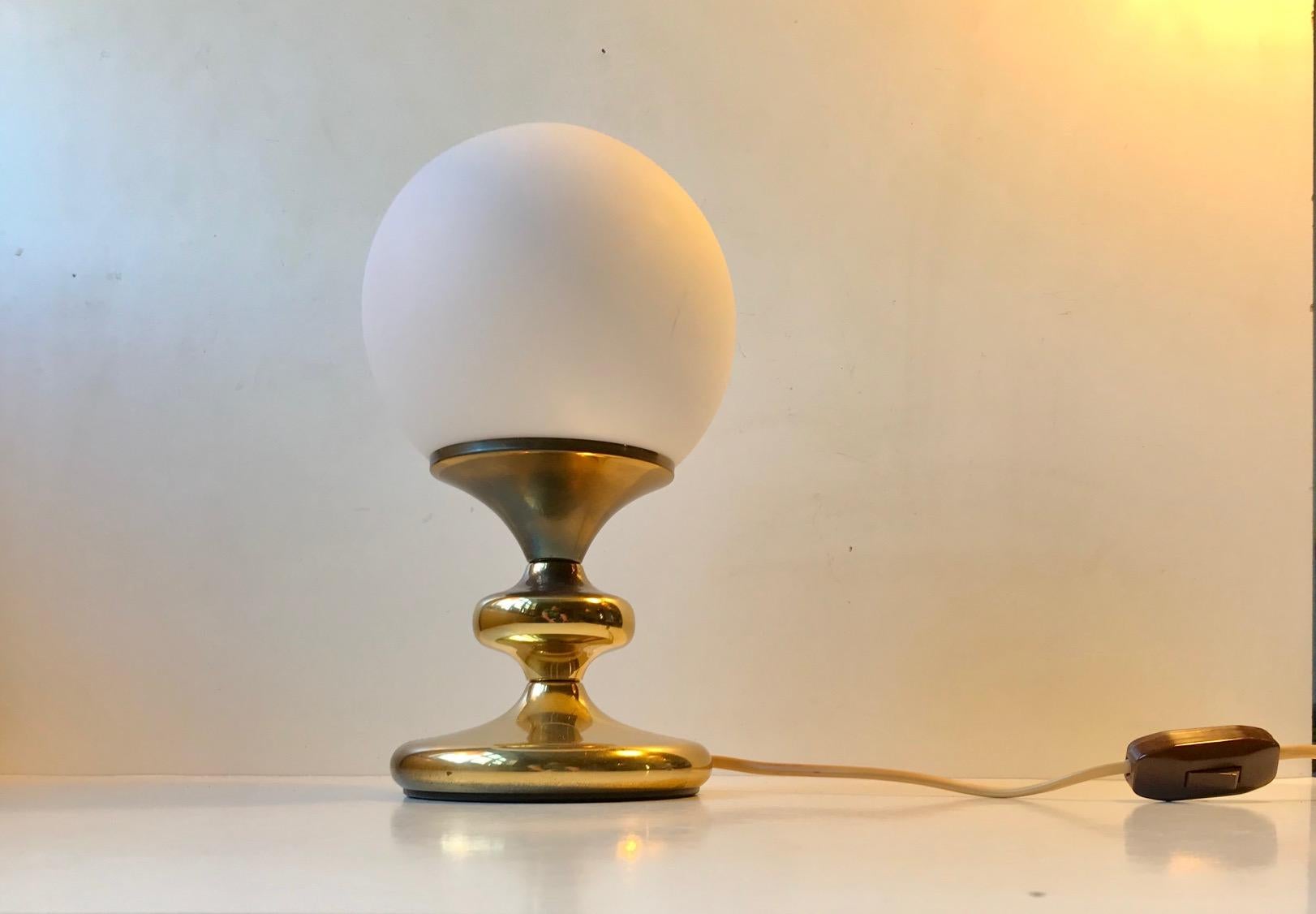 Mid-Century Modern Vintage Danish Table Lamp in White Glass and Brass from ABO, 1970s