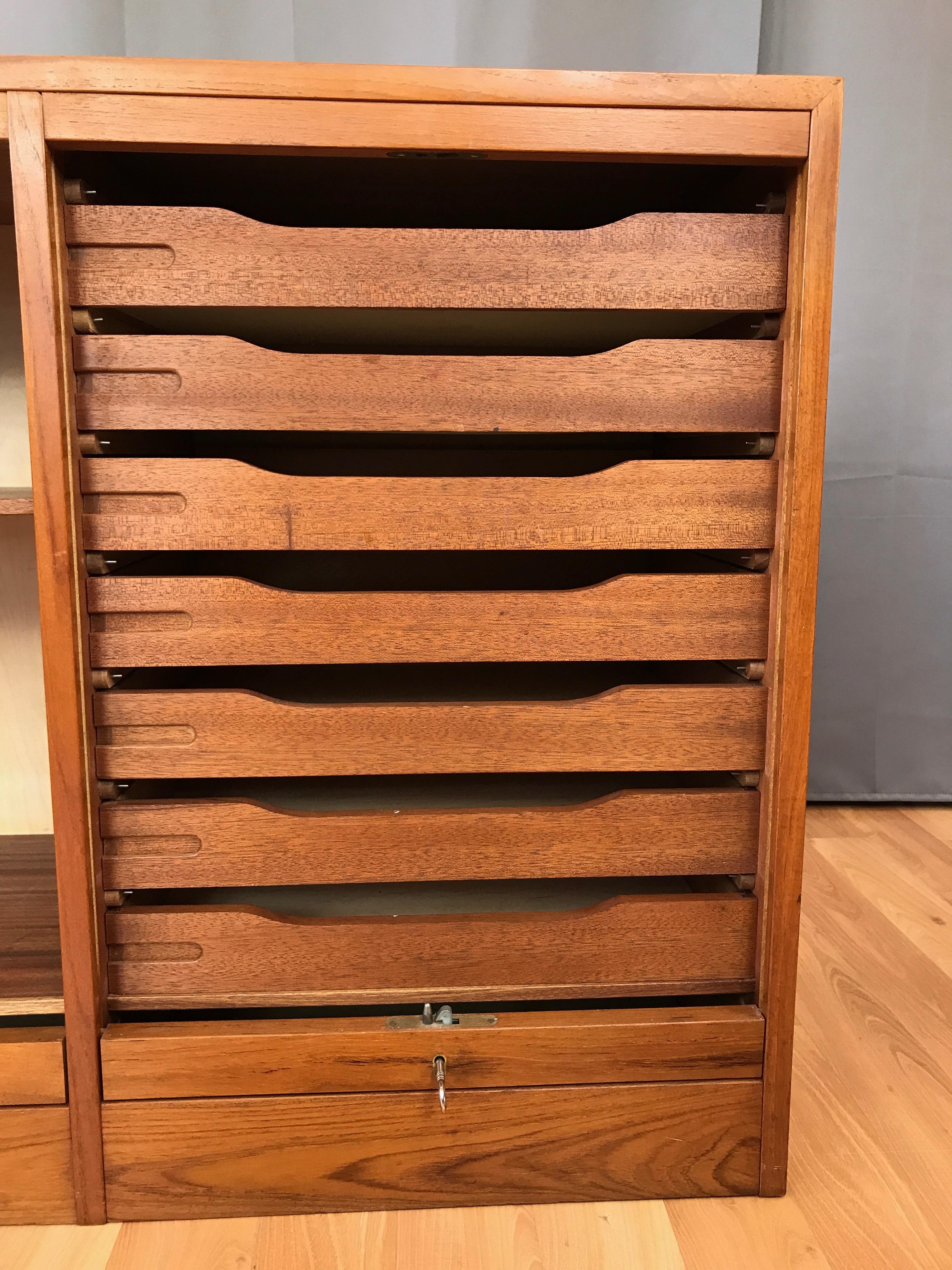 Brass Vintage Danish Tambour Door Dual Compartment Teak File Cabinet (A)