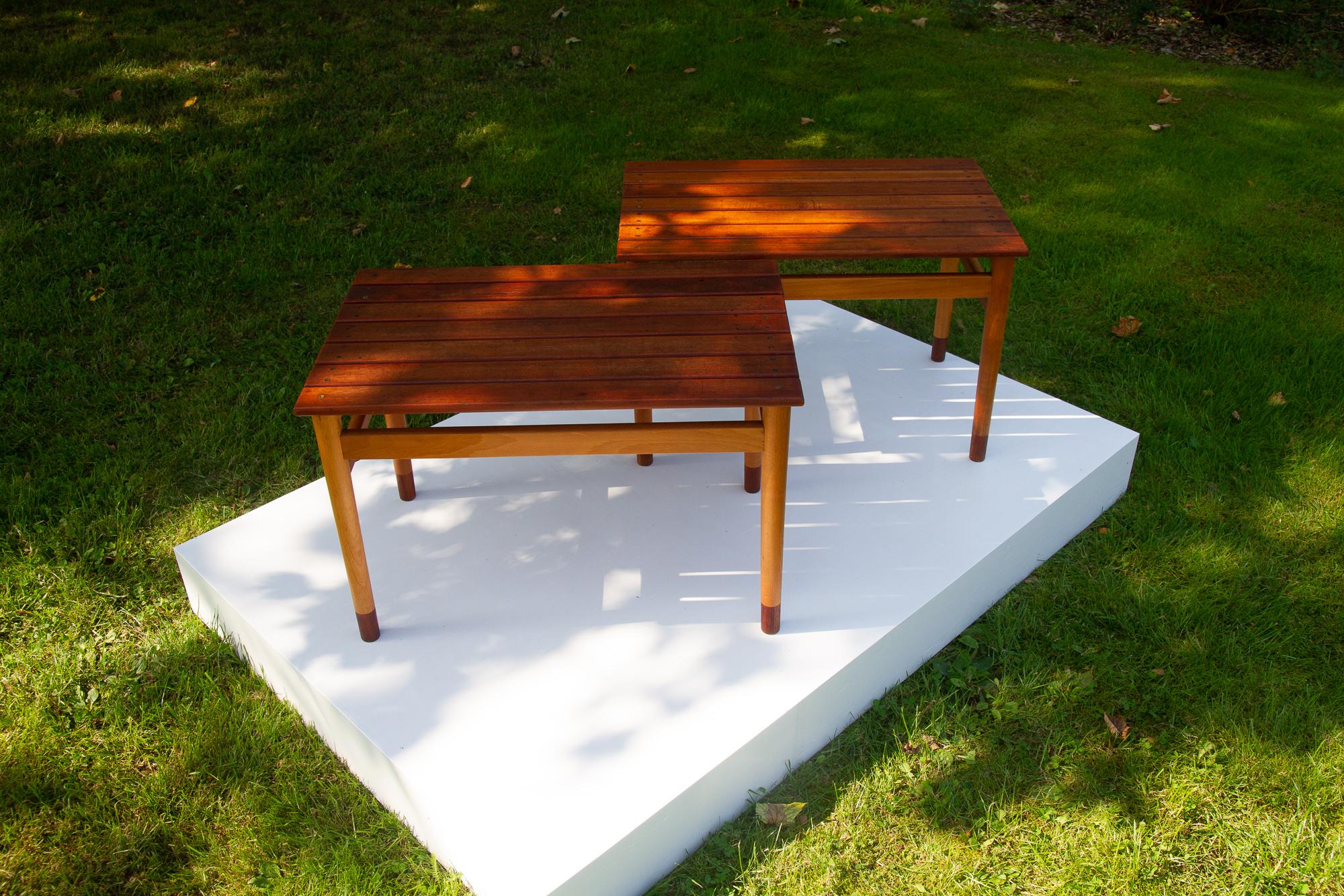 Vintage Danish teak and beech side tables 1950s, Set of 2
Beautiful pair of tables with top in solid teak and frame in solid beech with teak feet.
Made by unknown Danish carpenter in the 1950s. Very much in the style of Børge Mogensen. Suitable