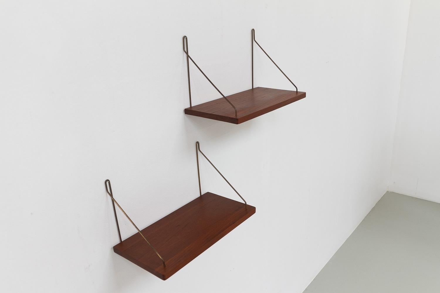 Vintage Danish Teak and Brass Floating Shelves, 1960s. Set of 2. 5