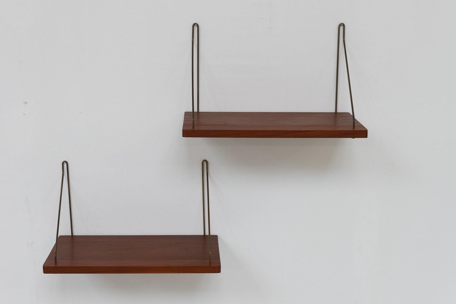 Vintage Danish Teak and Brass Floating Shelves, 1960s. Set of 2. 6