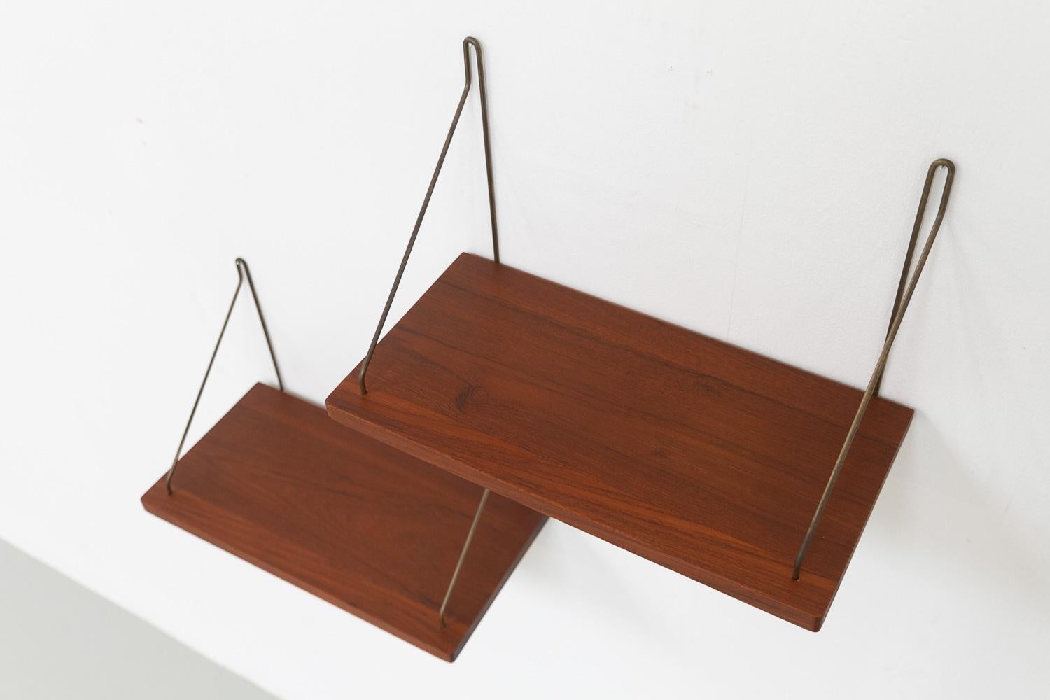 Vintage Danish Teak and Brass Floating Shelves, 1960s. Set of 2. 7