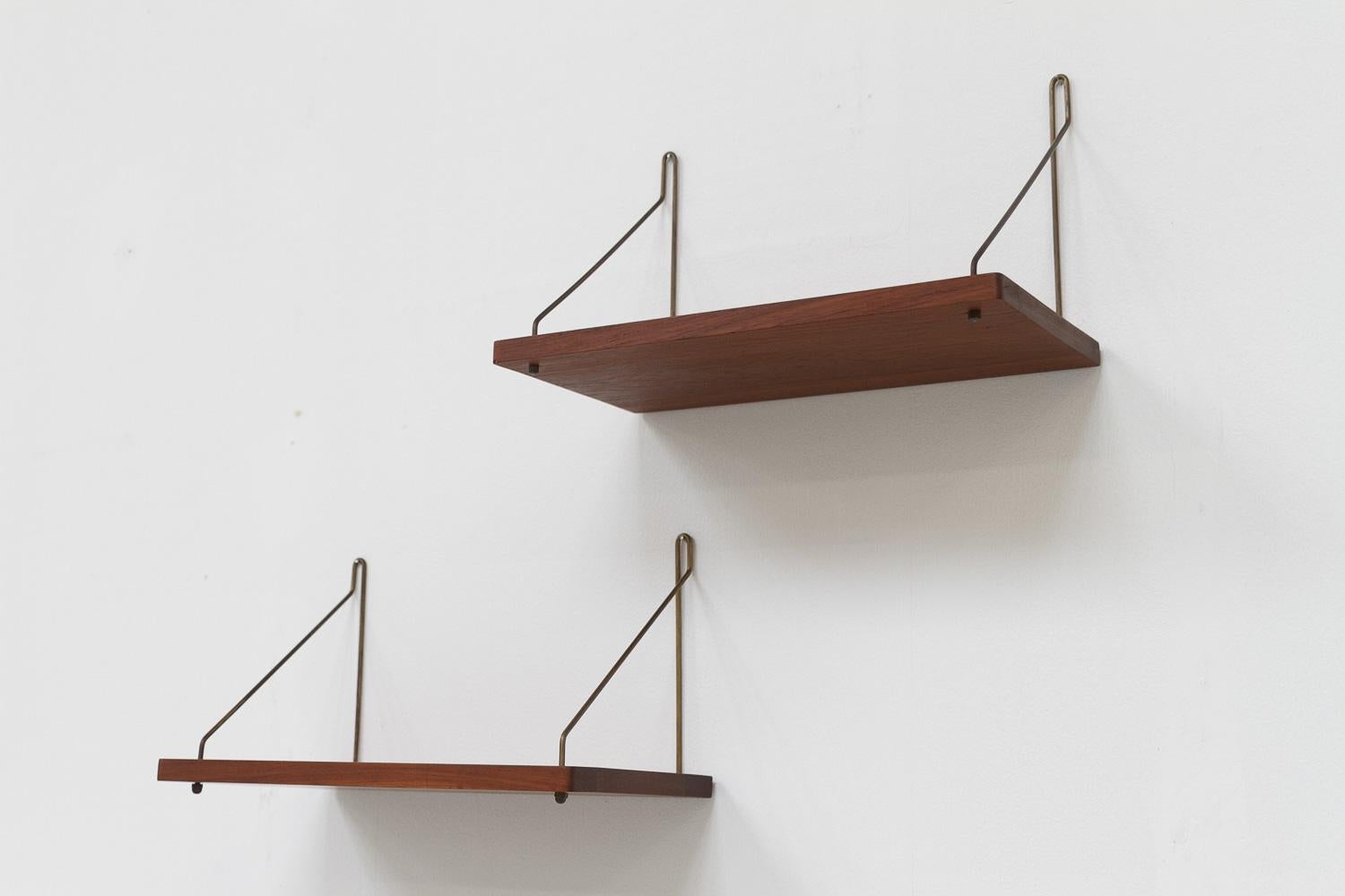 Vintage Danish Teak and Brass Floating Shelves, 1960s. Set of 2. 8
