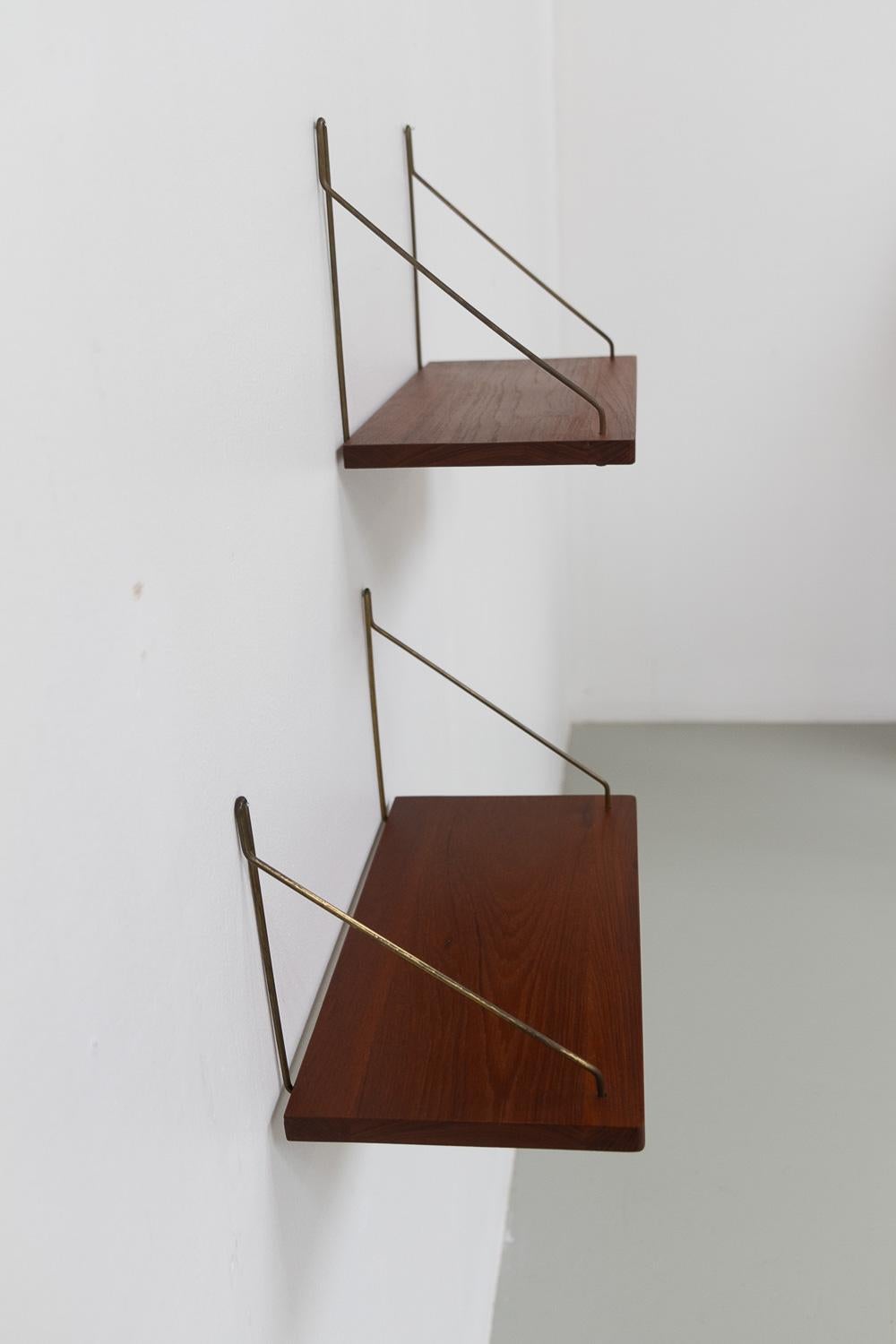 Vintage Danish Teak and Brass Floating Shelves, 1960s. Set of 2. 9