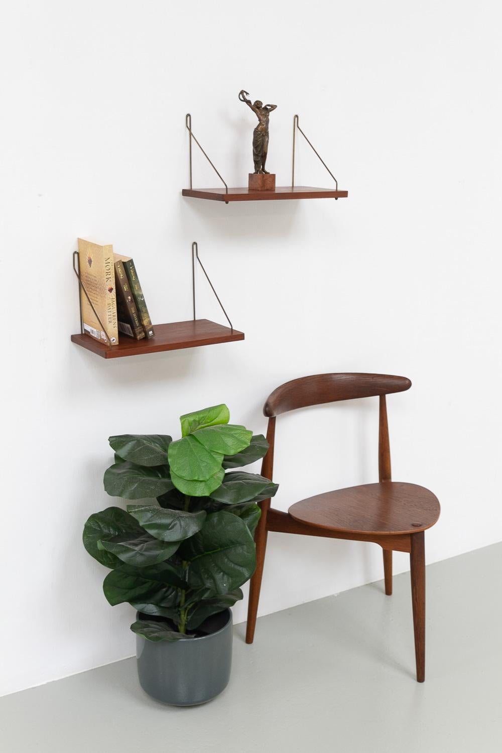 Vintage Danish Teak and Brass Floating Shelves, 1960s. Set of 2. 11