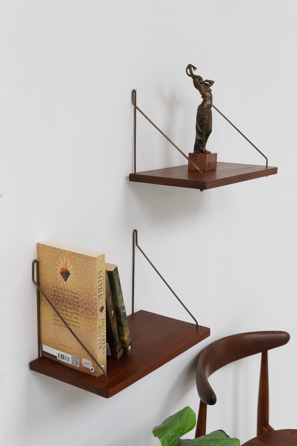 Vintage Danish Teak and Brass Floating Shelves, 1960s. Set of 2. 12