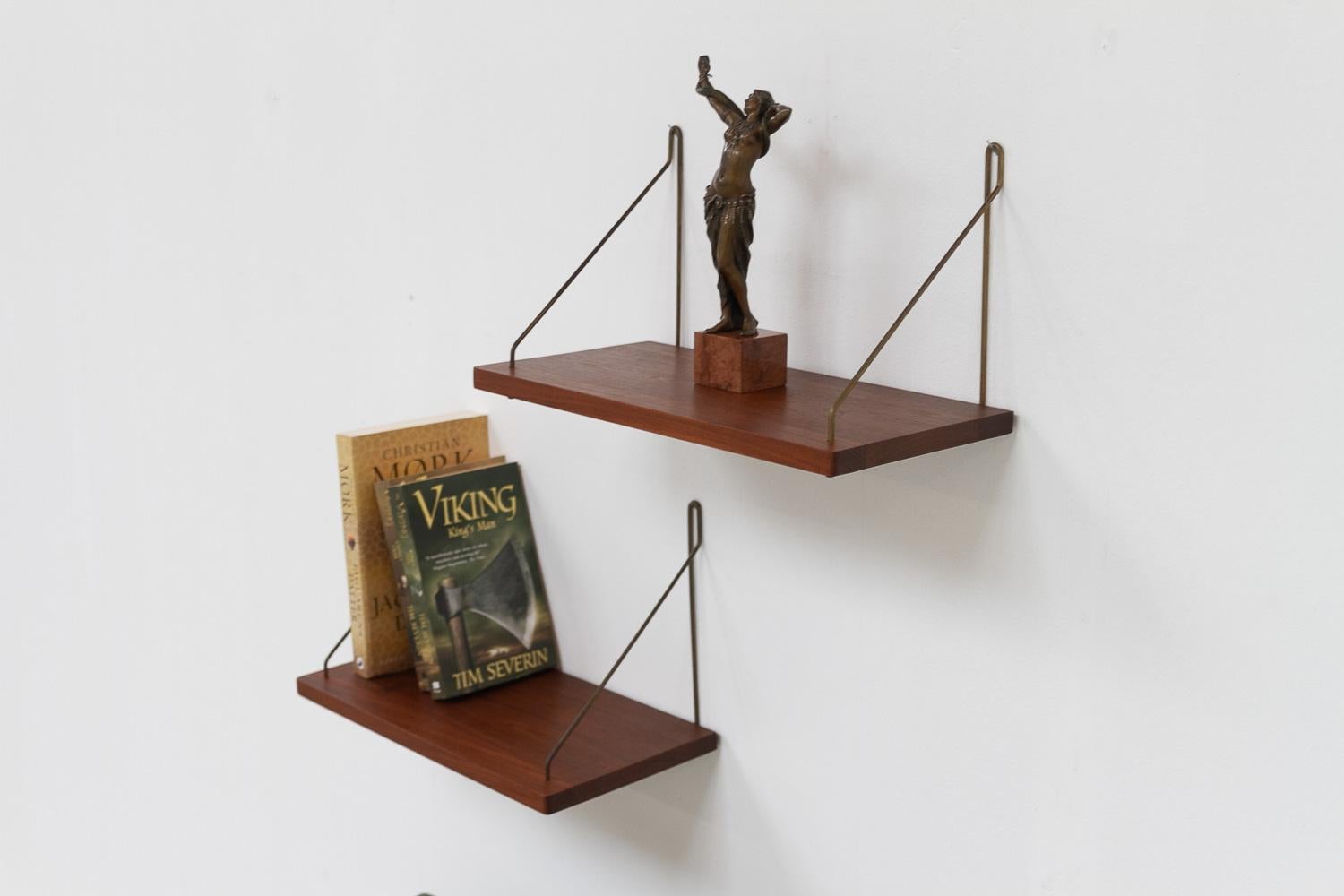 Vintage Danish Teak and Brass Floating Shelves, 1960s. Set of 2. 13