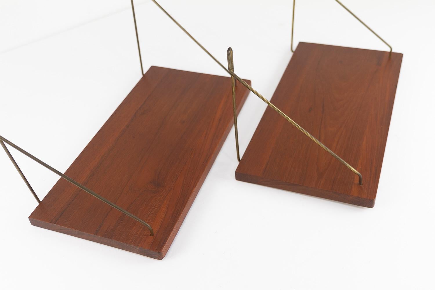 Scandinavian Modern Vintage Danish Teak and Brass Floating Shelves, 1960s. Set of 2.