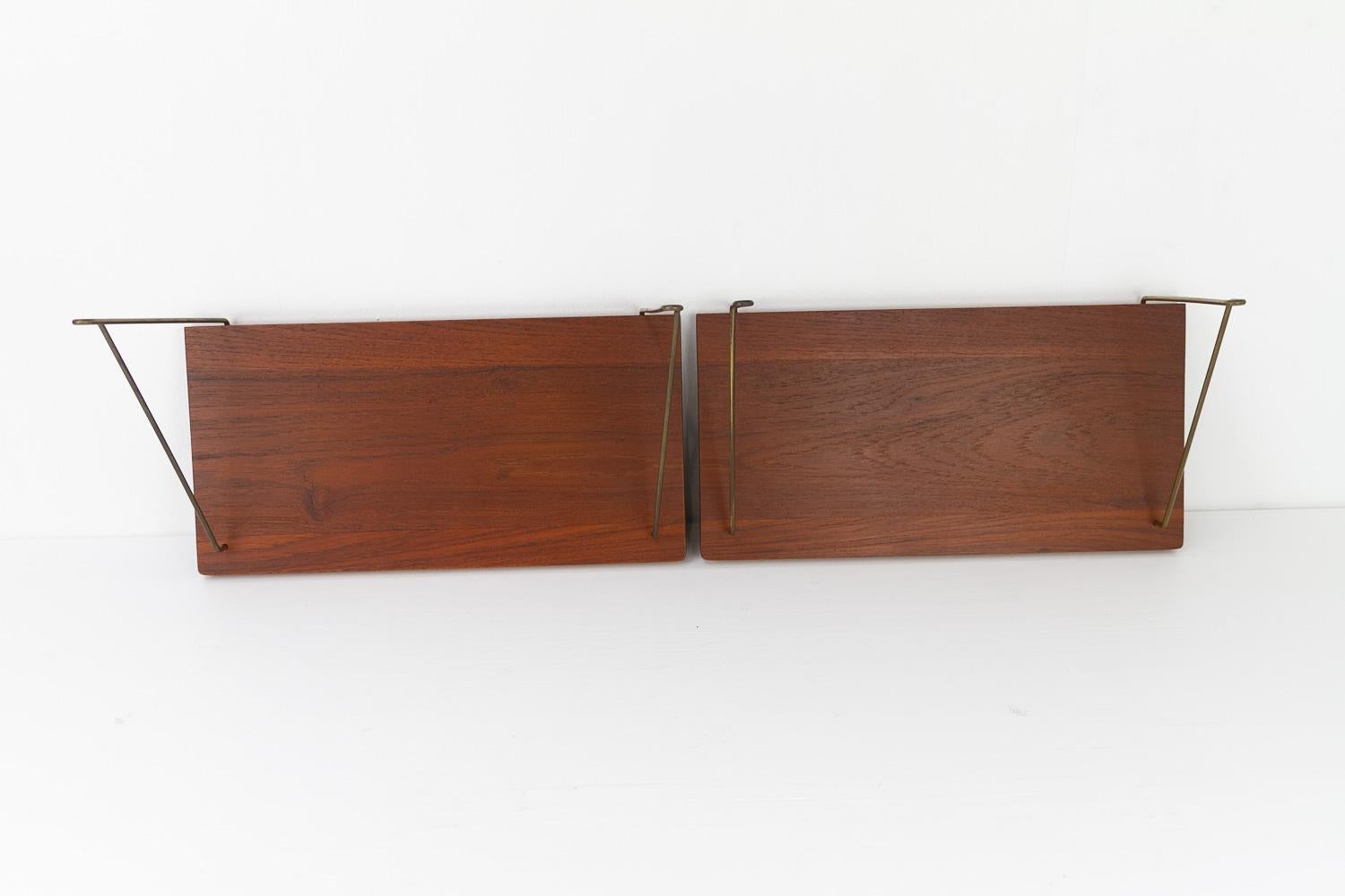 Vintage Danish Teak and Brass Floating Shelves, 1960s. Set of 2. 4