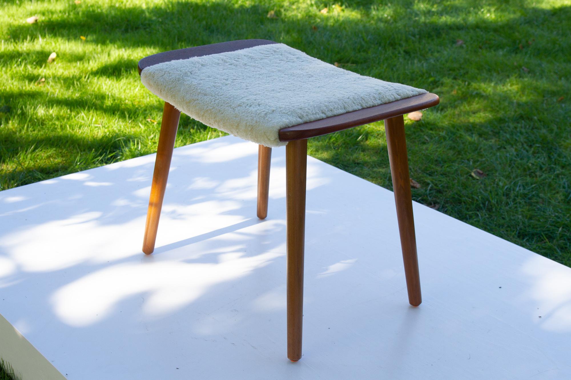 Vintage Danish Teak and Lambskin Stool, 1960s In Good Condition For Sale In Asaa, DK