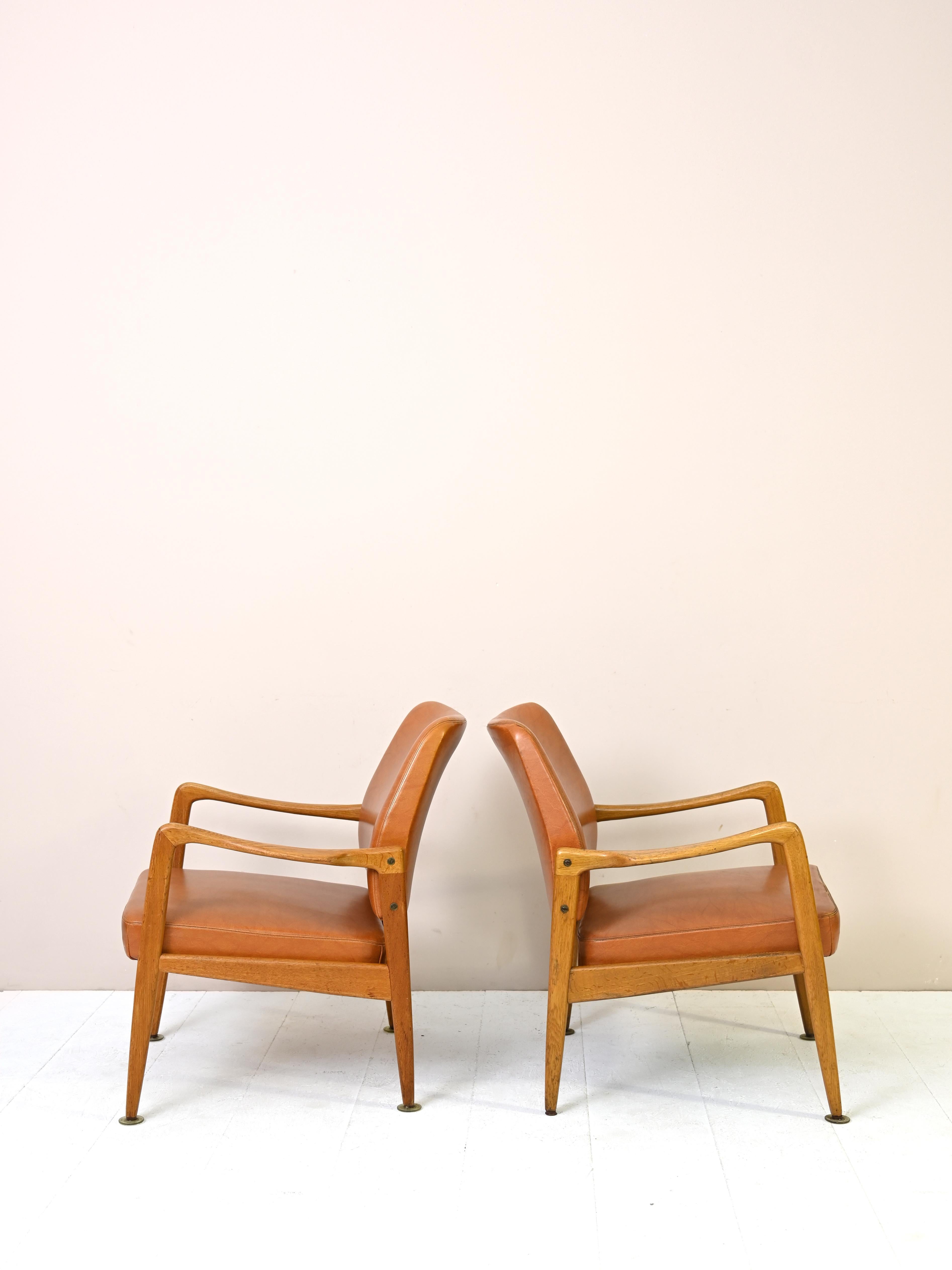 Scandinavian Vintage Danish Teak and Leather Armchairs For Sale