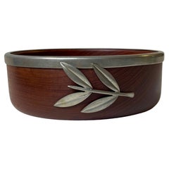 Vintage Danish Teak Bowl with Pewter Flowers, 1960s